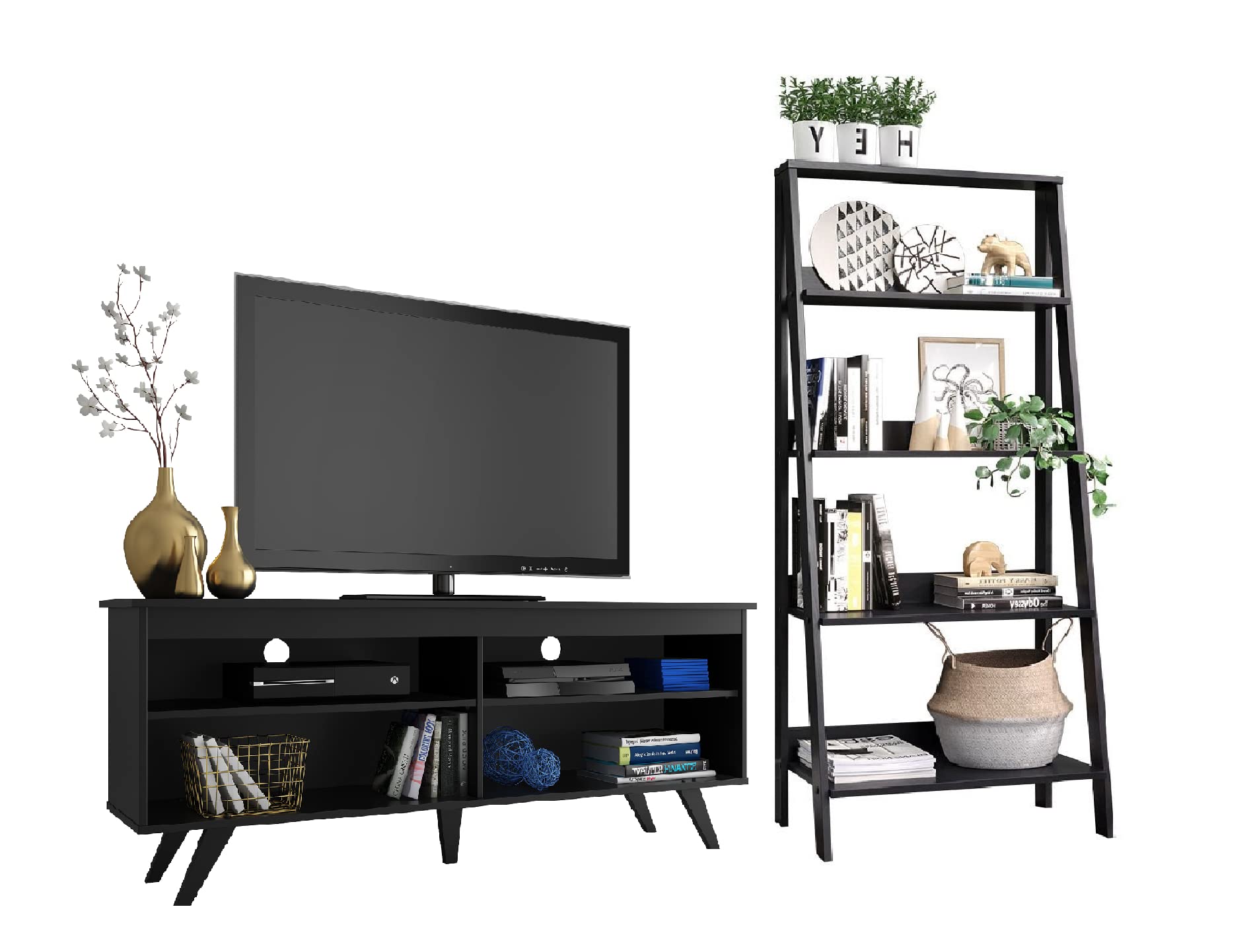 MADESA Modern TV Stand for 65 Inch TVs with 5-Tier Bookcase Set - Black | Entertainment Center for Living Room, Bedroom & Home Theater Setup
