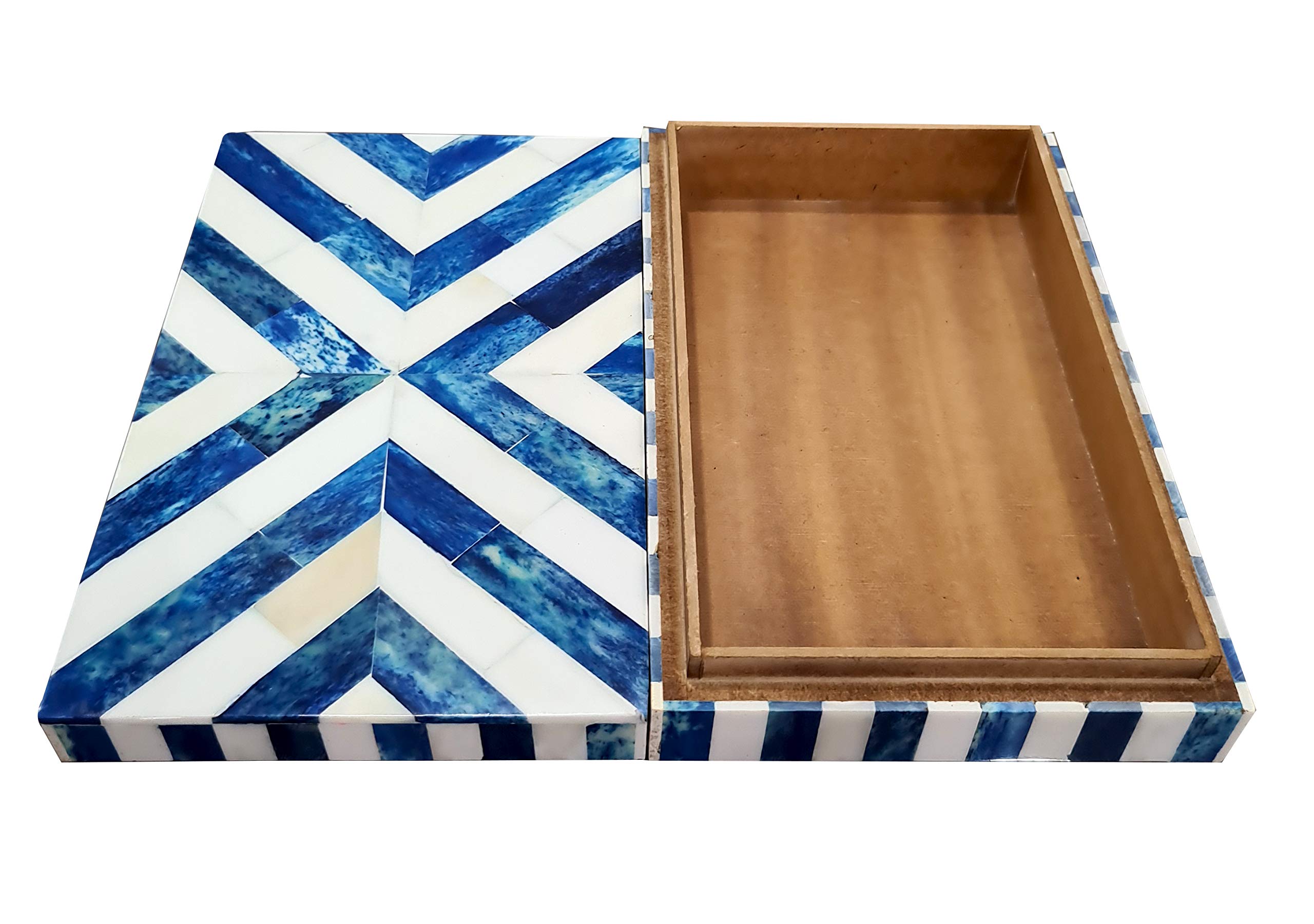 Handcrafted Blue & White Chevron Bone Inlay Jewelry Box - Decorative Keepsake Storage Organizer for Rings, Necklaces & Valuables | Perfect for Home Décor, Gift Giving & Travel Jewelry Case
