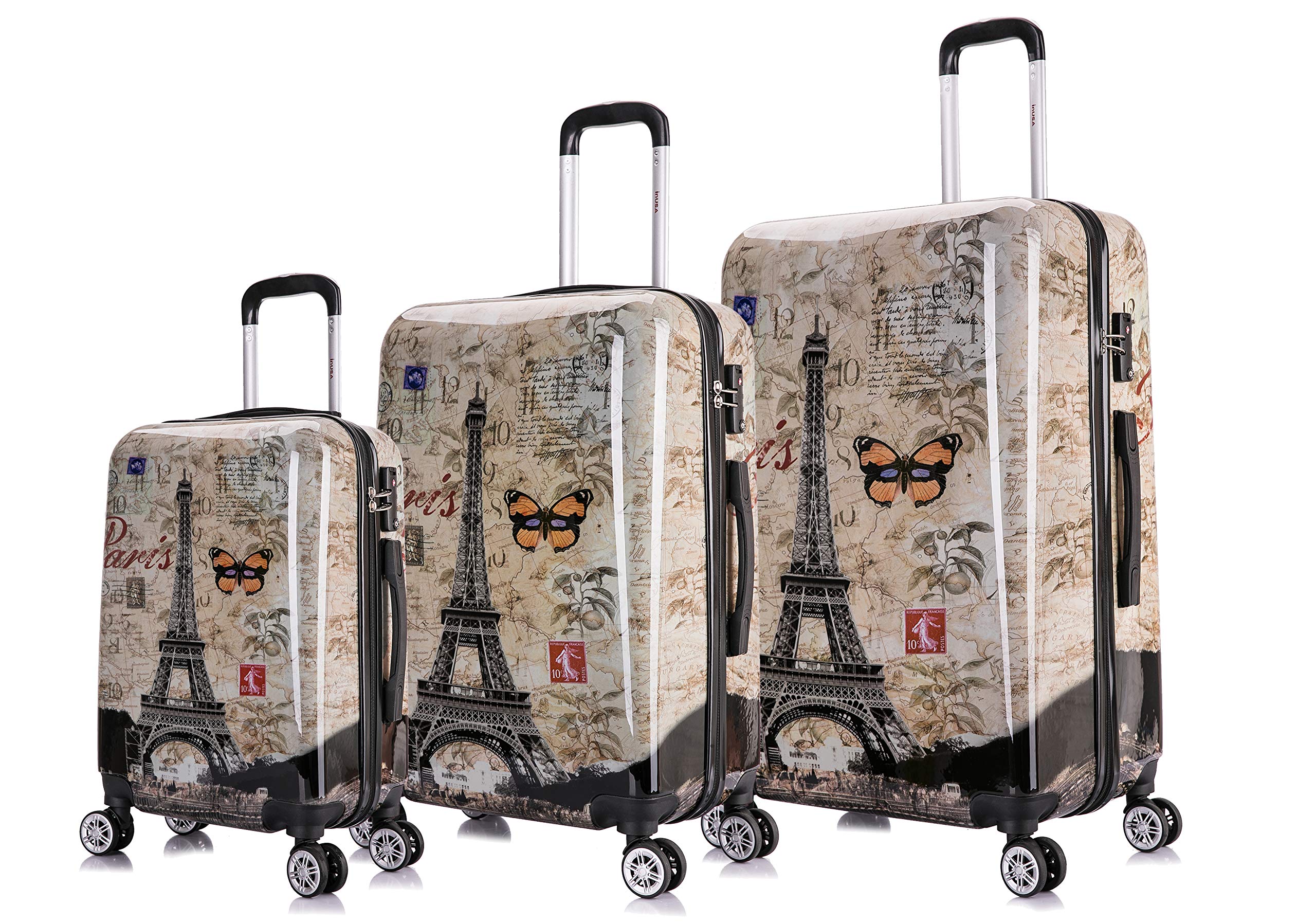 InUSA Paris Print Spinner Luggage Set - 3-Piece Lightweight Hardside Suitcase (20in, 24in, 28in) with Trolley Handle & Durable Wheels for Air Travel, Vacation & Business Trips