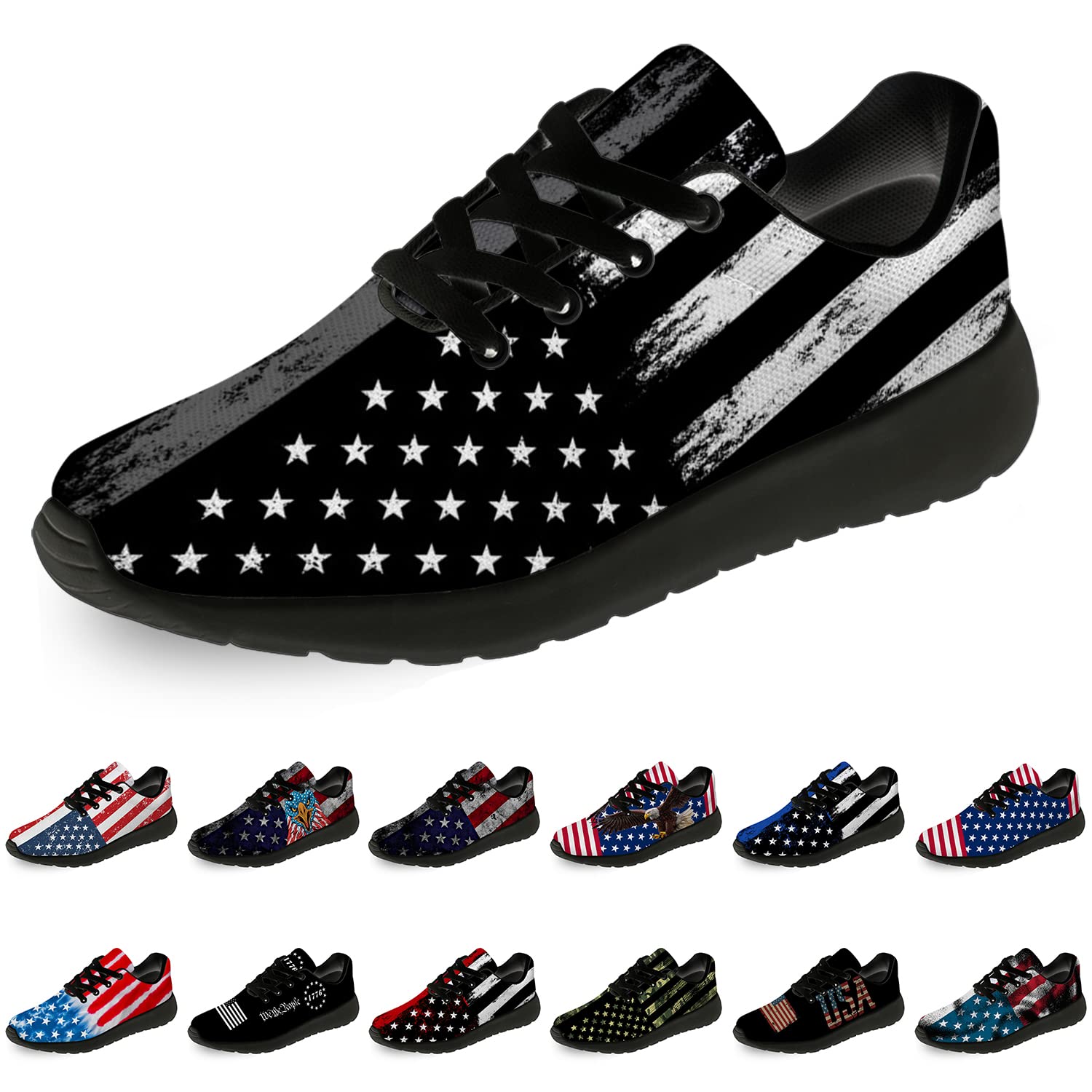Patriotic American Flag Print Running Shoes for Men & Women - Thin Gray Line Walking Tennis Sneakers - Size 13 Men/15.5 Women in Black - Perfect for Jogging, Gym Workouts & Patriotic Events