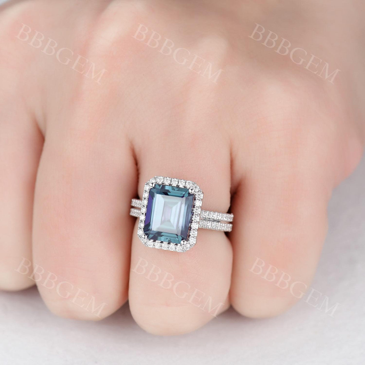 5 Carat Emerald Cut Alexandrite Engagement Ring with Diamond Halo in 14K White Gold - Perfect for Proposals, Anniversaries & Special Occasions