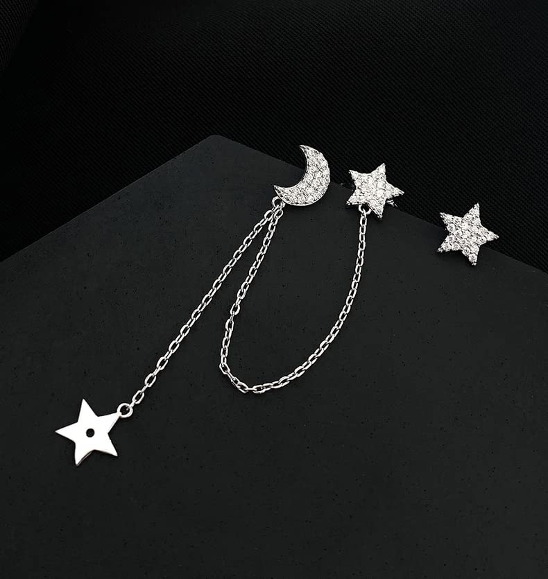 925 Sterling Silver Asymmetric Star Moon Crawler Earrings for Women - Dangling Chain Cuff Earrings for Party, Date Night & Special Occasions