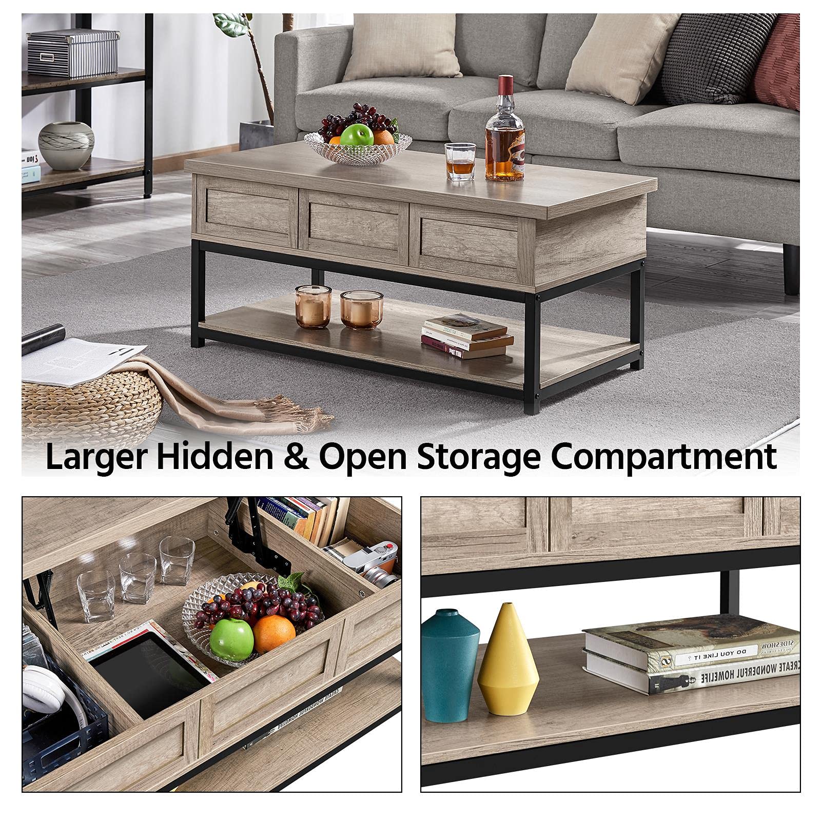Yaheetech Lift Top Coffee Table with Hidden Storage & Open Shelf, Adjustable Height 18-23 Inches - Modern Gray Cocktail Table with Metal Frame for Living Room, Reception Area | Perfect for Entertaining, Remote Work & Small Space Living