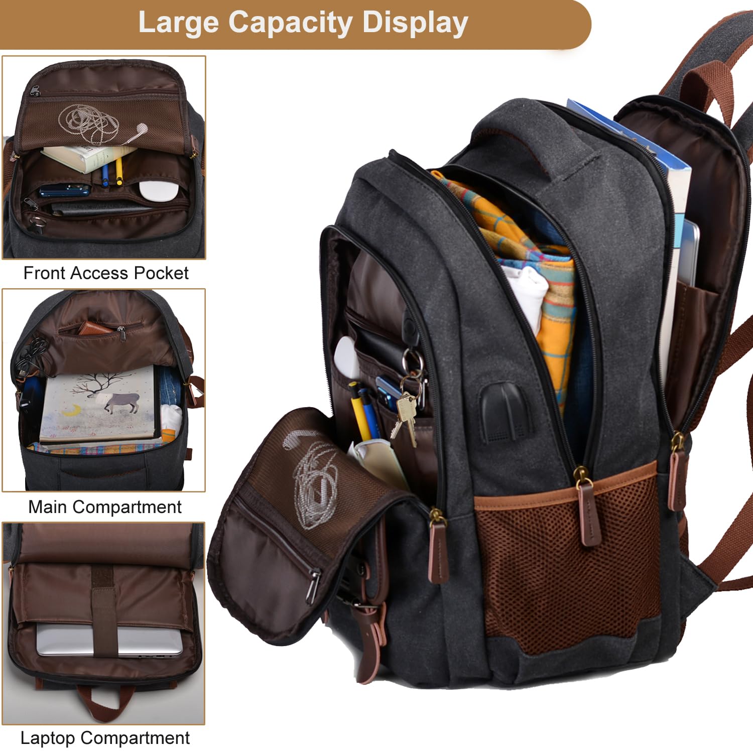 Mactso 17.3 Inch Canvas Laptop Backpack for Men & Women - Business Travel, College & Work Computer Bag with USB Charging Port - Fits 17.3 Inch Notebook (Black) | Perfect for Commuting, School & Business Trips
