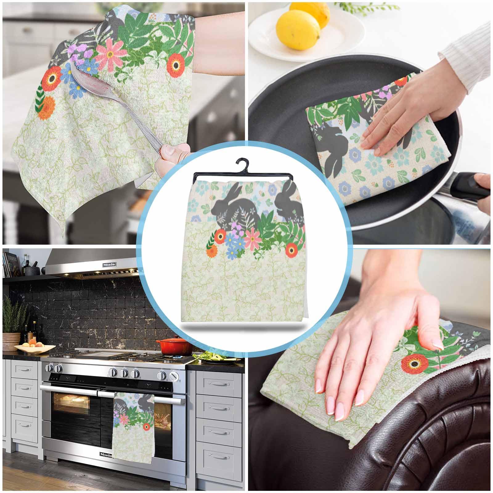 **3 Pack Super Absorbent Microfiber Dish Towels - Soft Kitchen Hand Towels with Easter Bunny & Floral Design for Washing Dishes, Cleaning, Bathroom & Bar Use**    *(Perfect for Spring Decor, Dish Drying, Counter Wiping & Hostess Gifts!)*