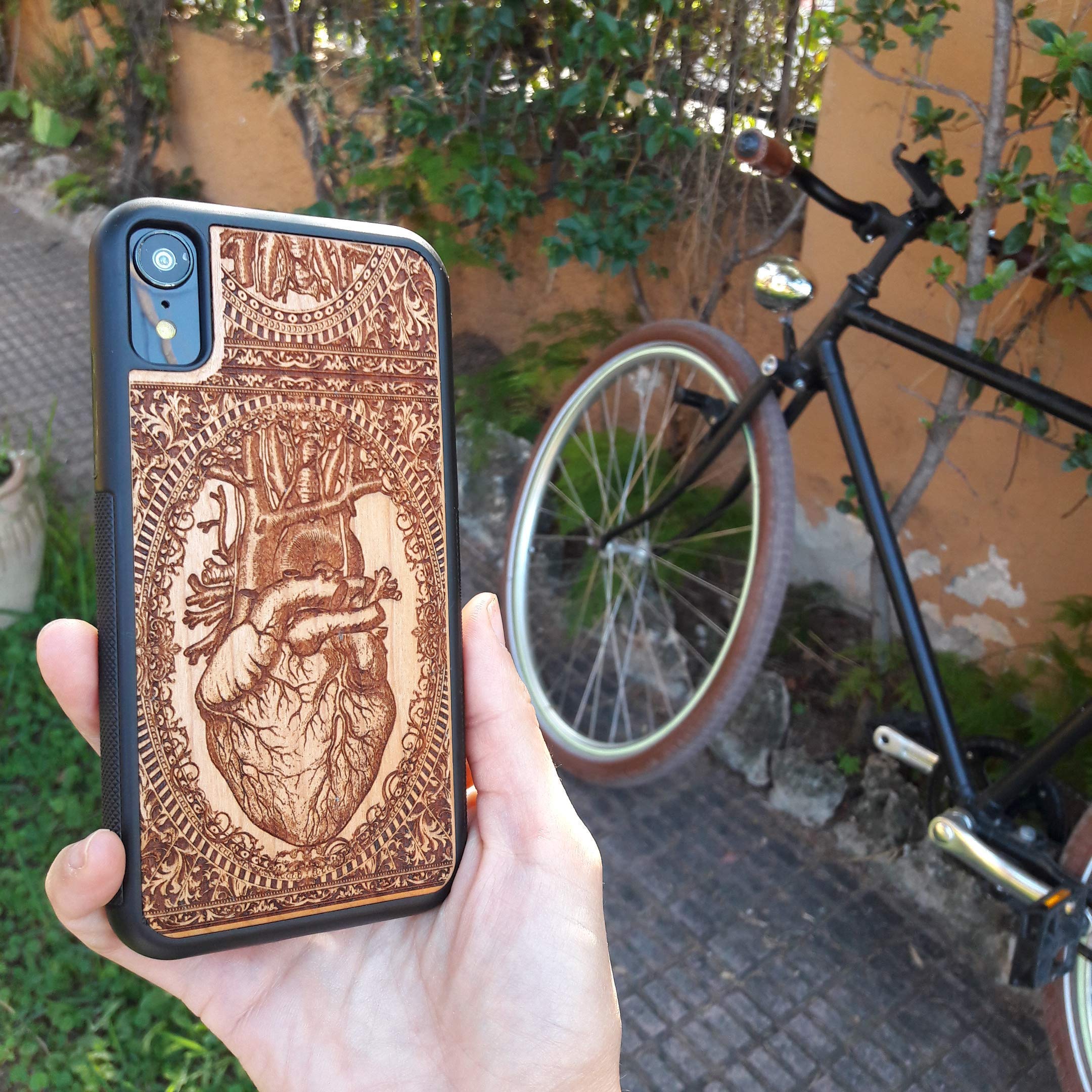 Human Heart Anatomy Laser Engraved Wood Phone Case - Compatible with iPhone 16/15/14/13/12/11 Pro Max/Mini & Galaxy S25/S24/S23/S22/S21/S20 Ultra Plus - Eco-Friendly Slim Durable Wooden Cover for Medical Students & Science Lovers