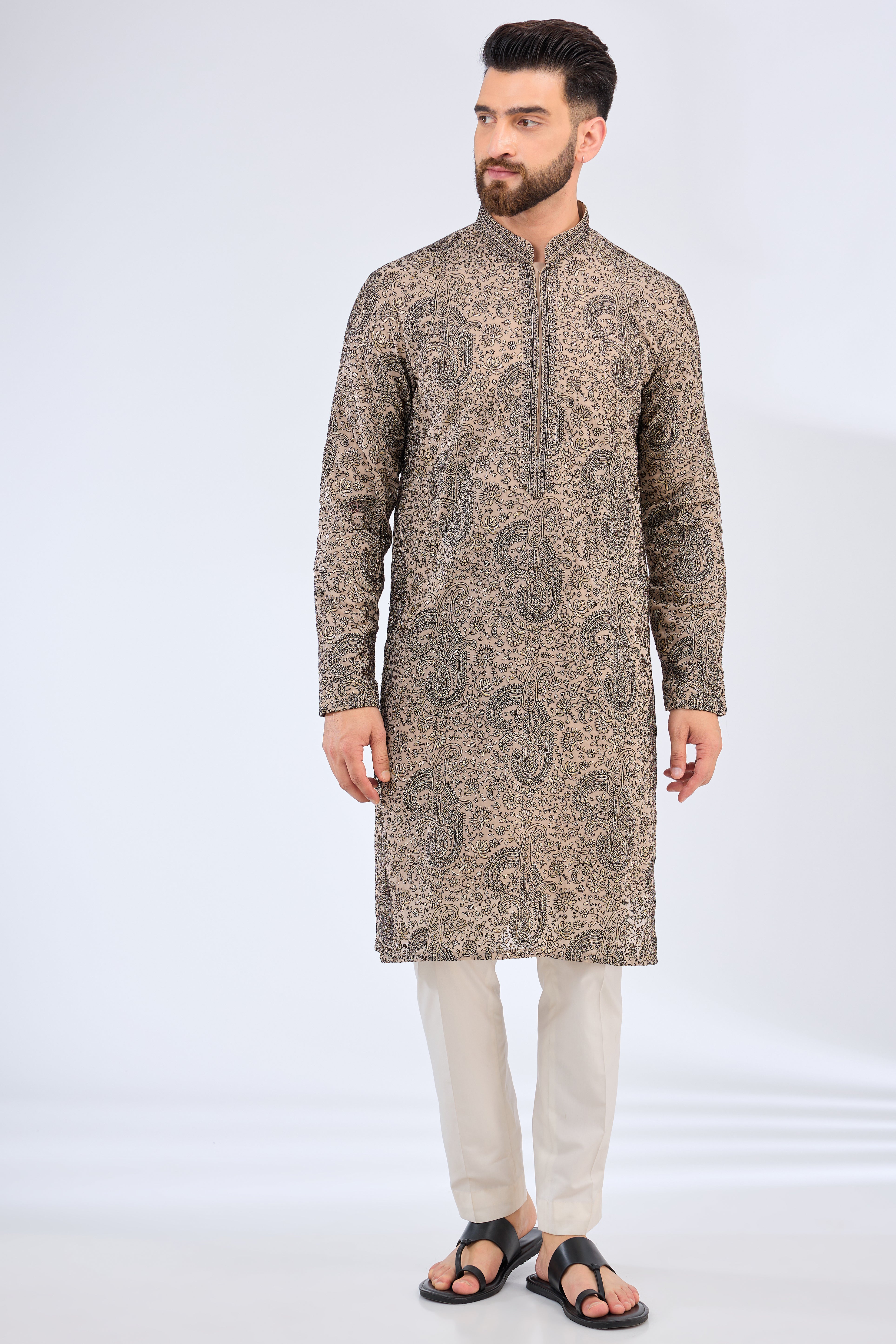 Exquisite Paisley Embroidered Kurta with Intricate Neckline - Elegant Indian Ethnic Wear for Festivals, Weddings & Special Occasions