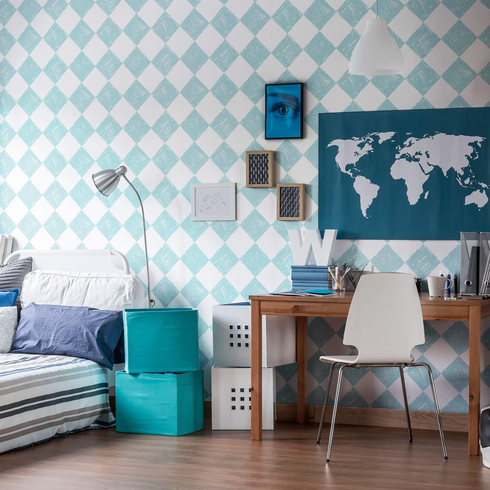 Blue and White Checkers Geometric Peel and Stick Removable Wallpaper - Self-Adhesive Decorative Wall Covering for Bedroom, Living Room, Nursery & Office Decor