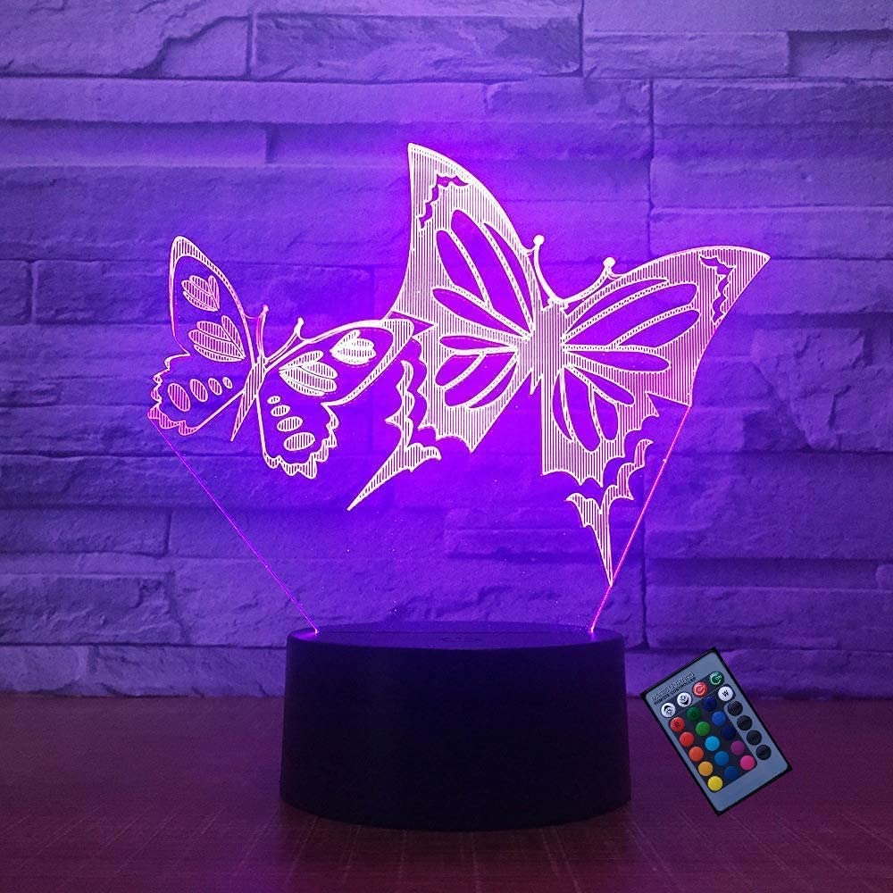3D Butterfly Night Light with 16 Color Changing LED, USB Powered, Remote & Touch Control - Optical Illusion Desk Lamp for Bedroom, Nursery, Living Room Decor