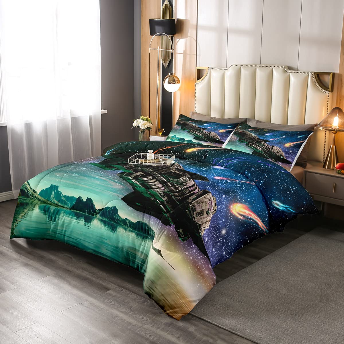 Galaxy Themed Spaceship Bedding Set - Queen Size Starry Sky Comforter with 2 Pillowcases for Kids | Boys & Girls Science Fiction Room Decor | Perfect for Space-Themed Bedrooms & Astronomy Lovers