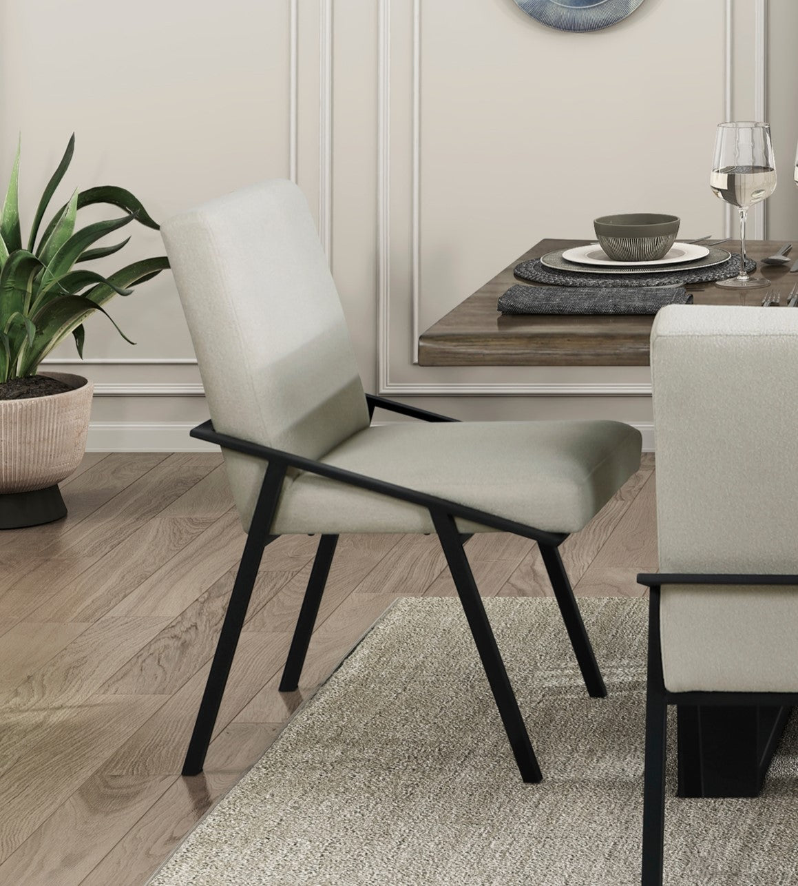 Modern Black Metal Base Cream Fabric Upholstered Dining Chairs Set of 2 - Contemporary Side Chairs for Kitchen, Dining Room & Office Seating