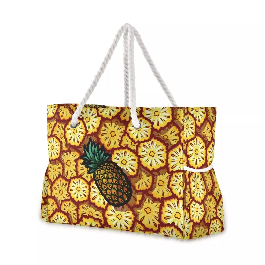 YLHXYPP Women's Large Capacity Nylon Shoulder Bag - Vintage Pineapple Print Beach Tote, 52 x 18.5 x 38cm (Color A) - Perfect for Travel, Shopping & Summer Outings
