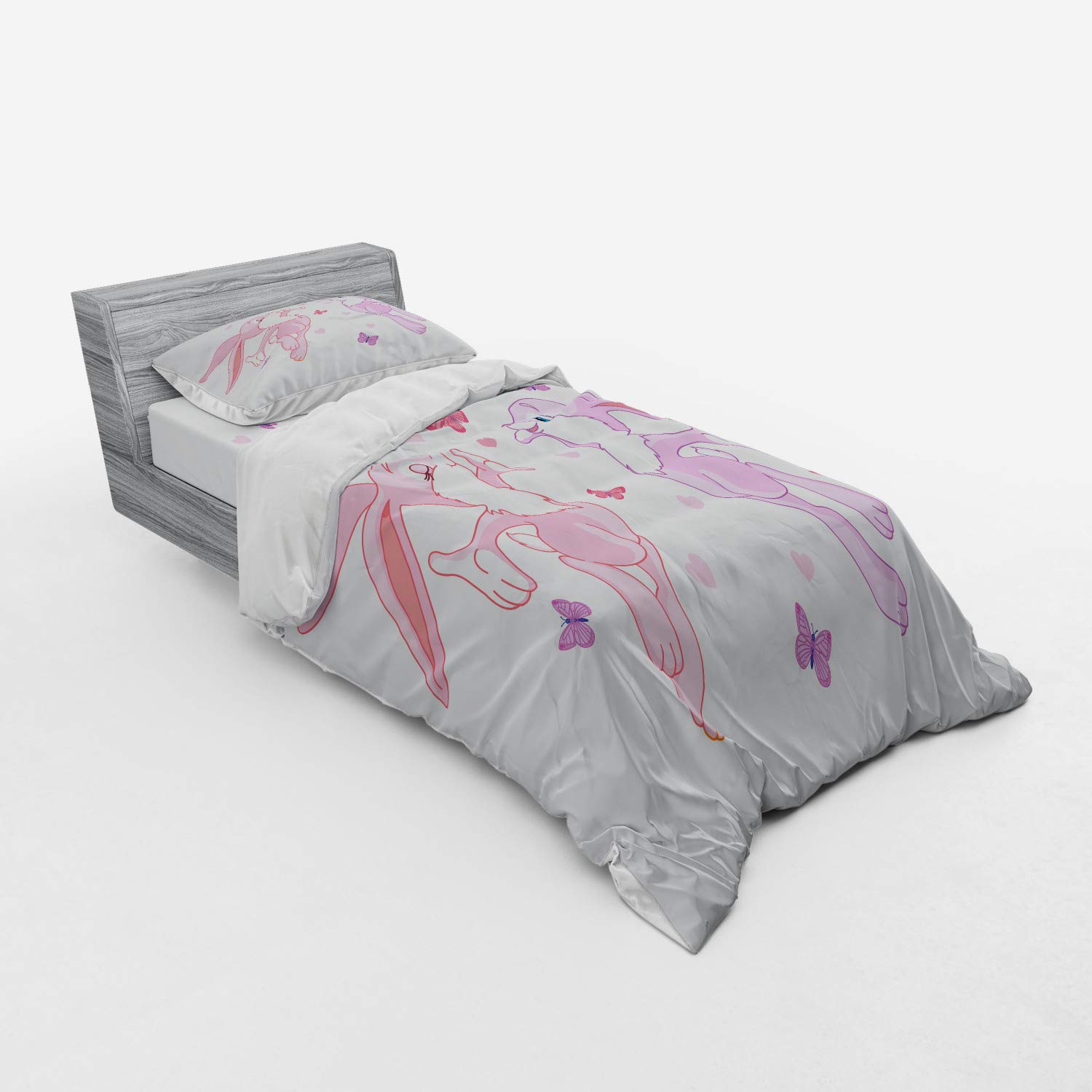 Ambesonne 3-Piece Butterfly & Valentine Bunnies Duvet Cover Set - Twin Size Pink Purple Floral Bedding with Sham & Fitted Sheet | Romantic Bedroom Decor for Couples, Girls' Room, Valentine's Day Gift