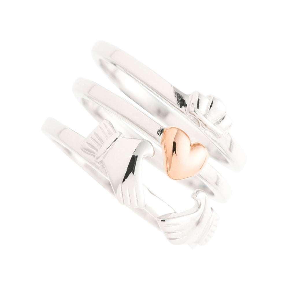 Authentic Galway Crystal Jewelry - Three-Part Claddagh Ring in Sterling Silver & Rose Gold - Irish Heritage Gift for Women, Engagements & Anniversaries