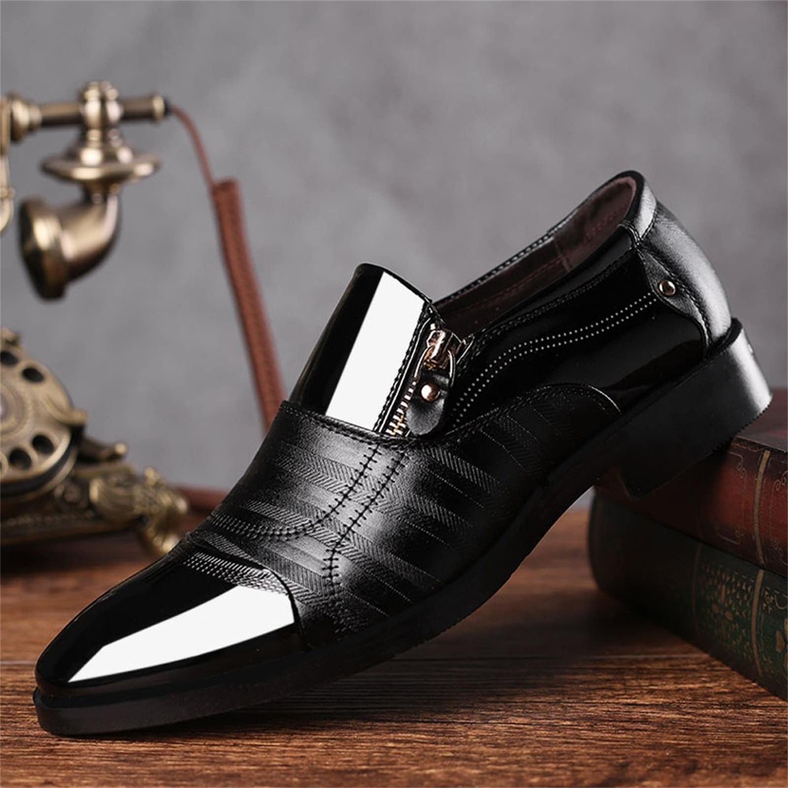 Premium IQYU Men's Patent Leather Dress Shoes - Breathable Business & Work Shoes for Swollen Feet - Comfortable Formal Shoes for Office, Wedding & Special Occasions