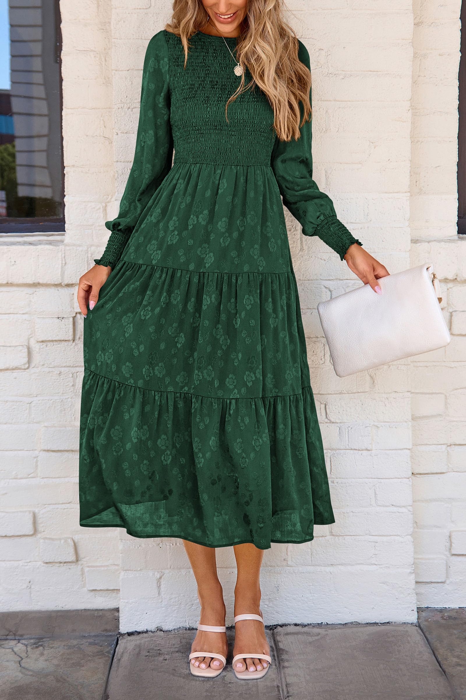 PRETTYGARDEN Women's Floral Midi Dress with Long Sleeves - Elegant Smocked Waist, Flowy Wedding Guest Dress with Pockets - Perfect for Fall, Spring Weddings, Parties & Special Occasions