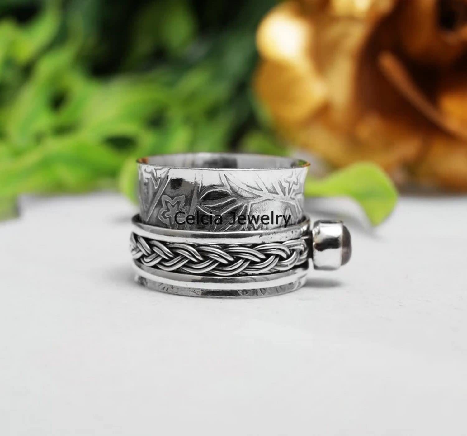 Genuine Labradorite Gemstone Silver Spinner Ring - Floral Anxiety Relief & Meditation Spinning Ring for Stress Relief, Unisex Gift (Size 7) | Perfect for Fidgeting, Mindfulness Practice & Everyday Wear
