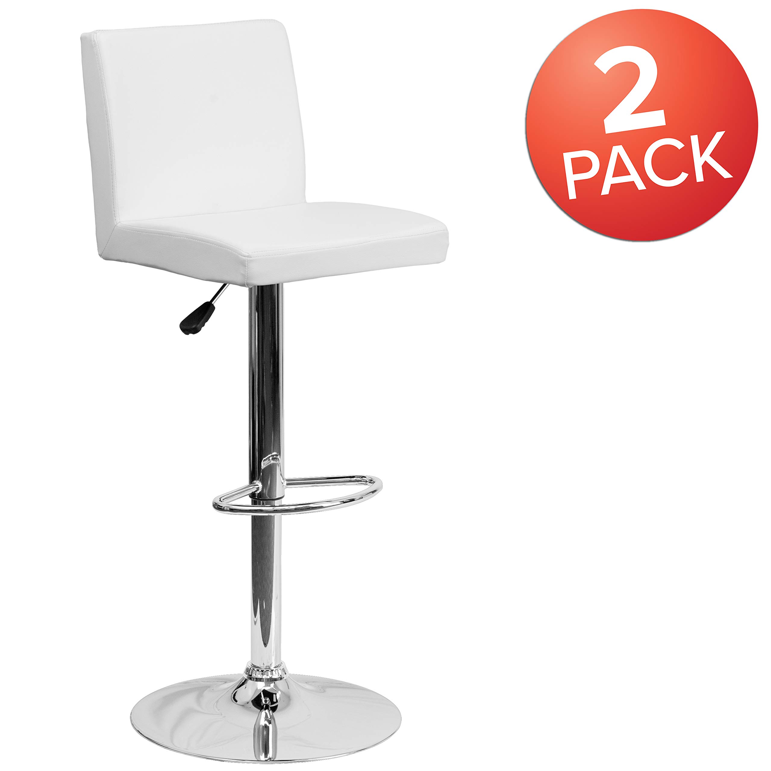 2 Pack White Vinyl Adjustable Height Bar Stools with Panel Back & Chrome Base - Perfect for Kitchen Island, Breakfast Nook & Home Bar Seating