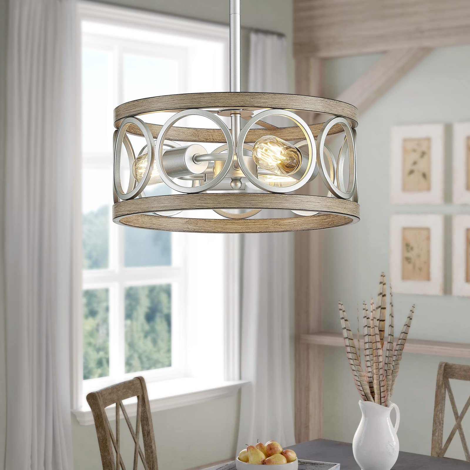 Modern Adjustable Height Pendant Light - Brushed Nickel & Wood Grain Metal 13
