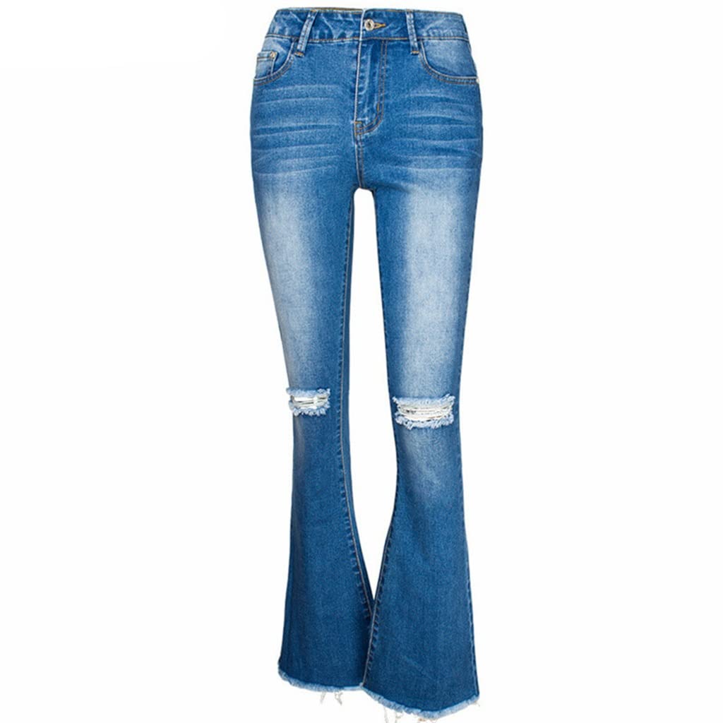 **CJTMY Women's Stretch Flare Denim Pants - Ripped Knee Jeans for Spring & Autumn (Color: As Pictured, Size: S) - Casual & Boho Style Outfits**