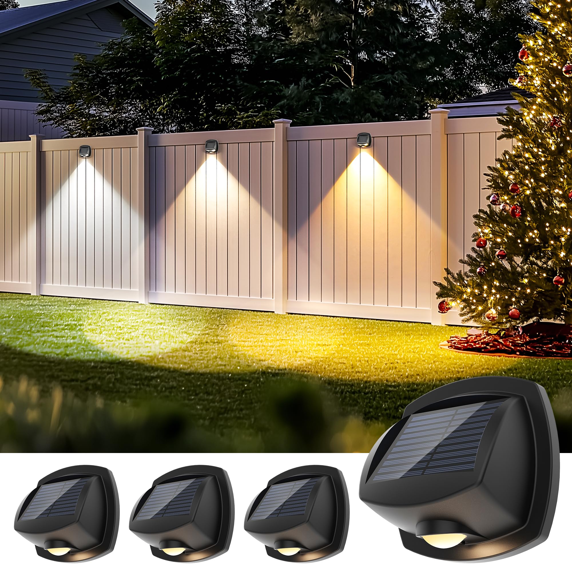 Solar Powered Outdoor Fence Lights - IP65 Waterproof Dual Color LED Wall Lights for Porch, Pool, Deck, Patio & Stairs (4 Pack) | Christmas Decoration & Landscape Lighting