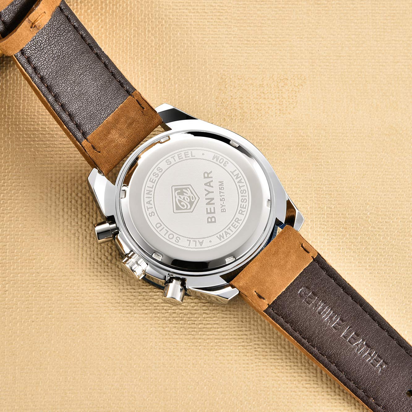 BENYAR Men's Sports Chronograph Watch - Analog Quartz, Date Display, Waterproof 3ATM, Leather Strap - Stylish Business & Casual Wristwatch for Men | Perfect for Office, Daily Wear & Outdoor Activities