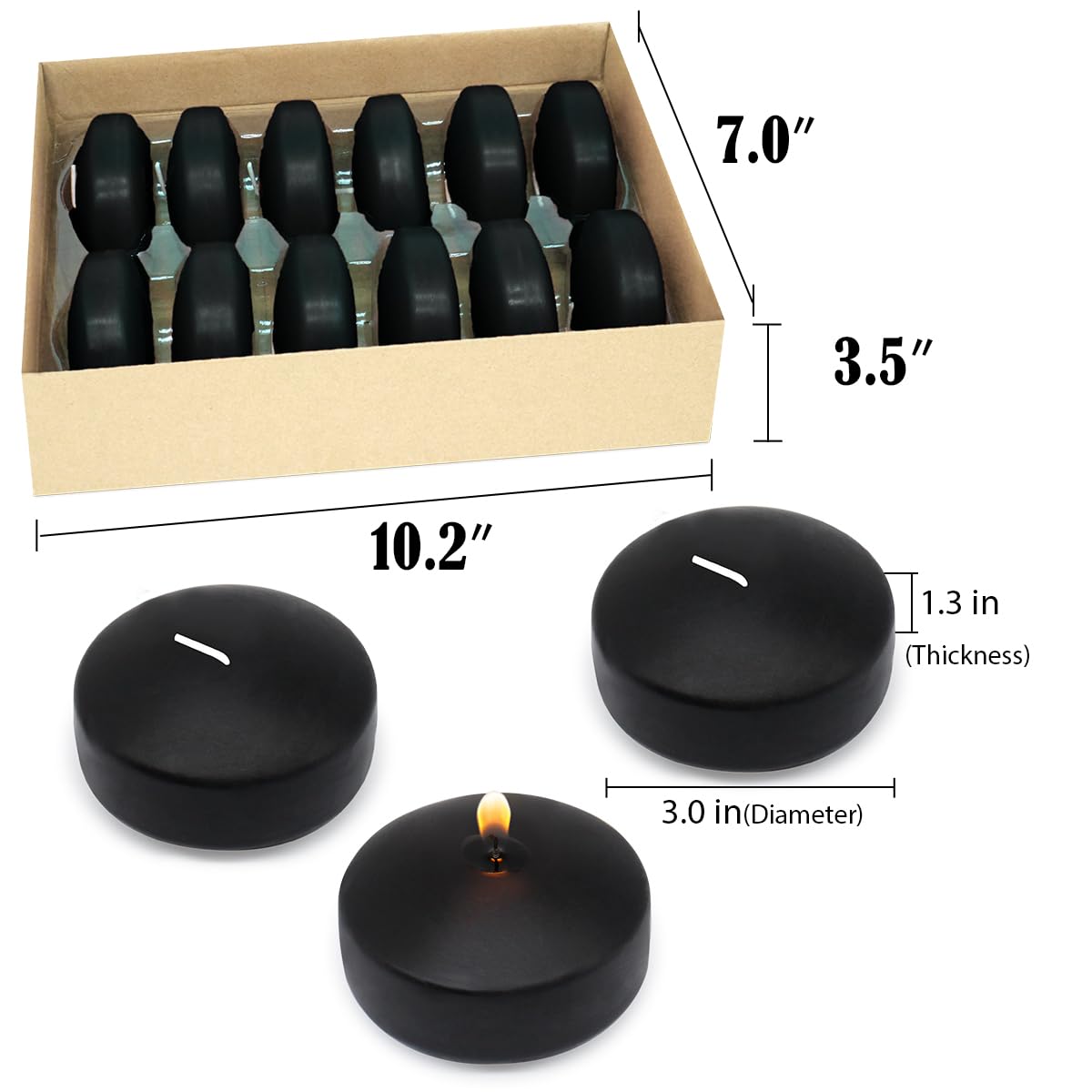 10-Hour Black Floating Candles - Set of 12 for Vases, Weddings & Pools