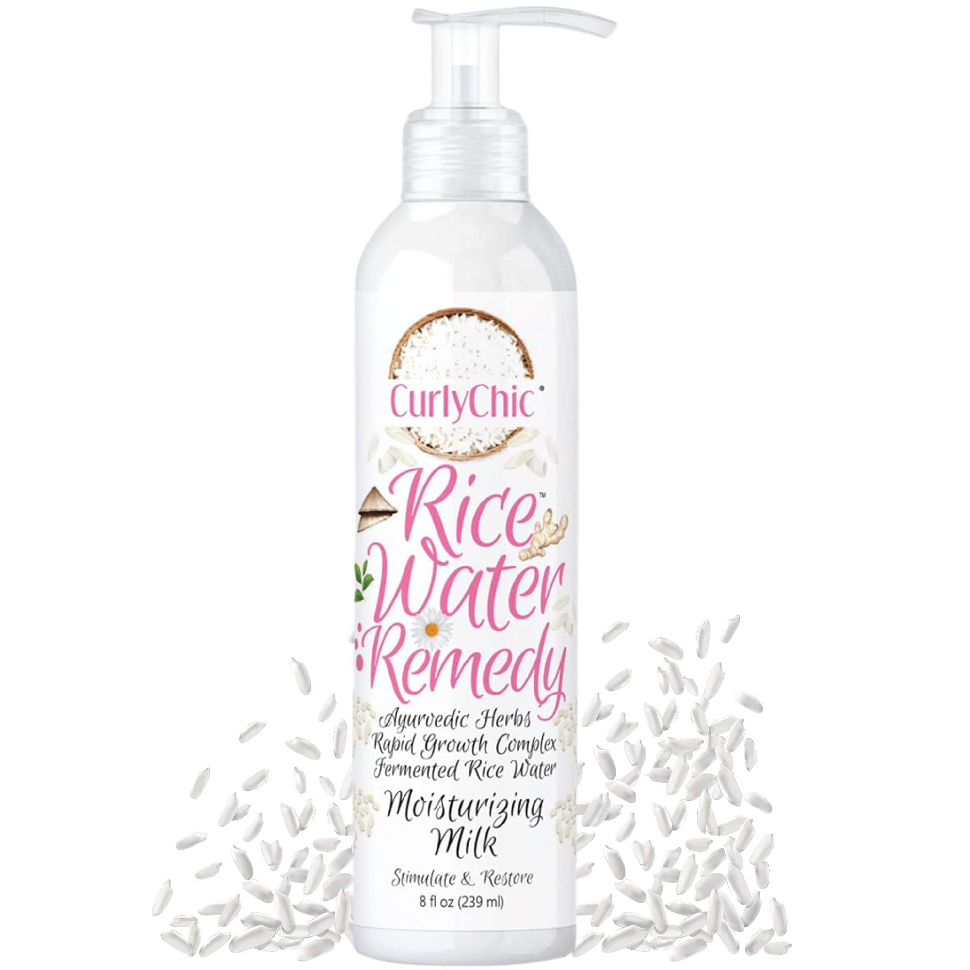 CurlyChic Rice Water Remedy Moisturizing Hair Milk - Hydrating & Detangling Hair Treatment with Ayurvedic Herbs & Fermented Rice Water for Dry Hair Repair & Rapid Growth - Sulfate, Paraben & Mineral Oil Free (8 fl oz) - Perfect for Curly, Coily & Damaged Hair Care Routine
