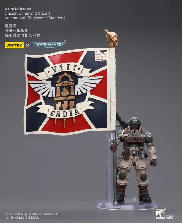 JOYTOY Warhammer 40K Astra Militarum Cadian Command Squad Veteran with Regimental Standard - Premium 28mm Scale Miniature for Tabletop Wargaming & Collectors