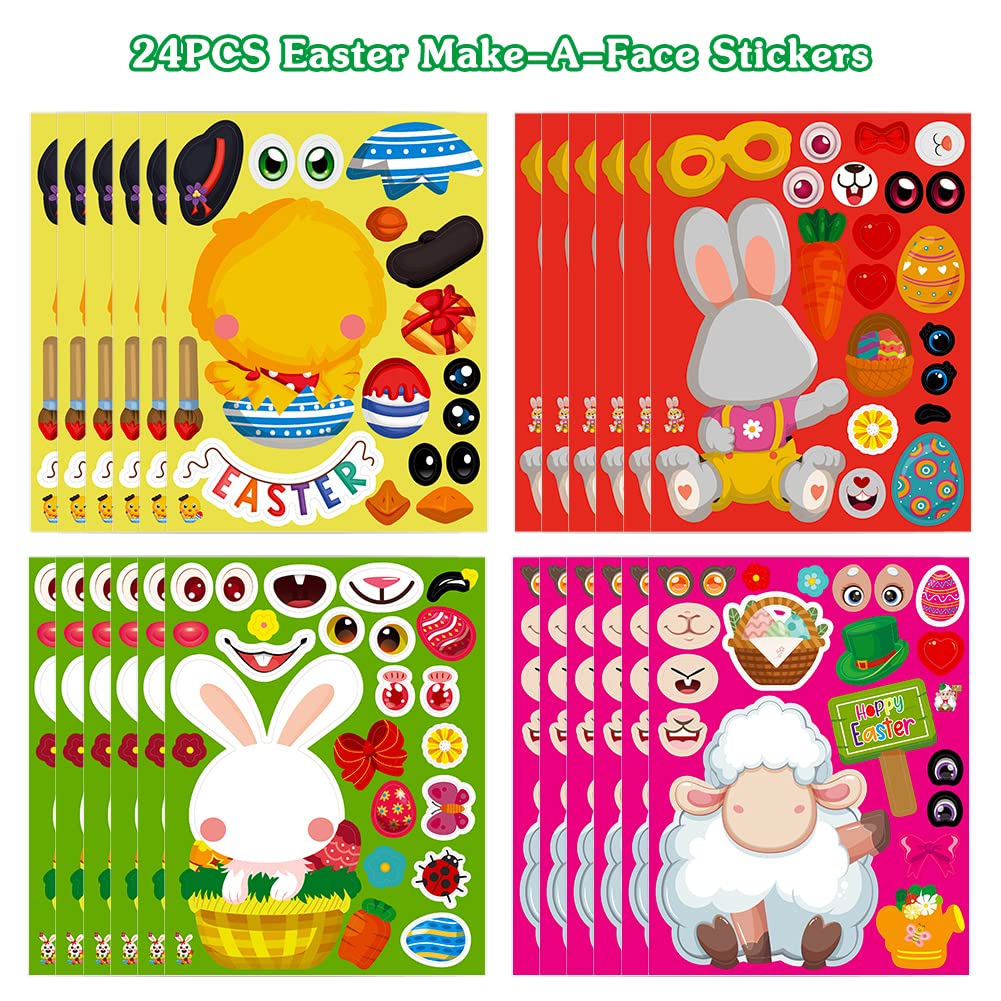 FLYAB Easter Stickers for Kids - 24 Sheets DIY Easter Animal Face Stickers, Fun Easter Crafts for Classroom Activities & Party Favors | Perfect for Easter Egg Hunts, School Projects & Holiday Celebrations