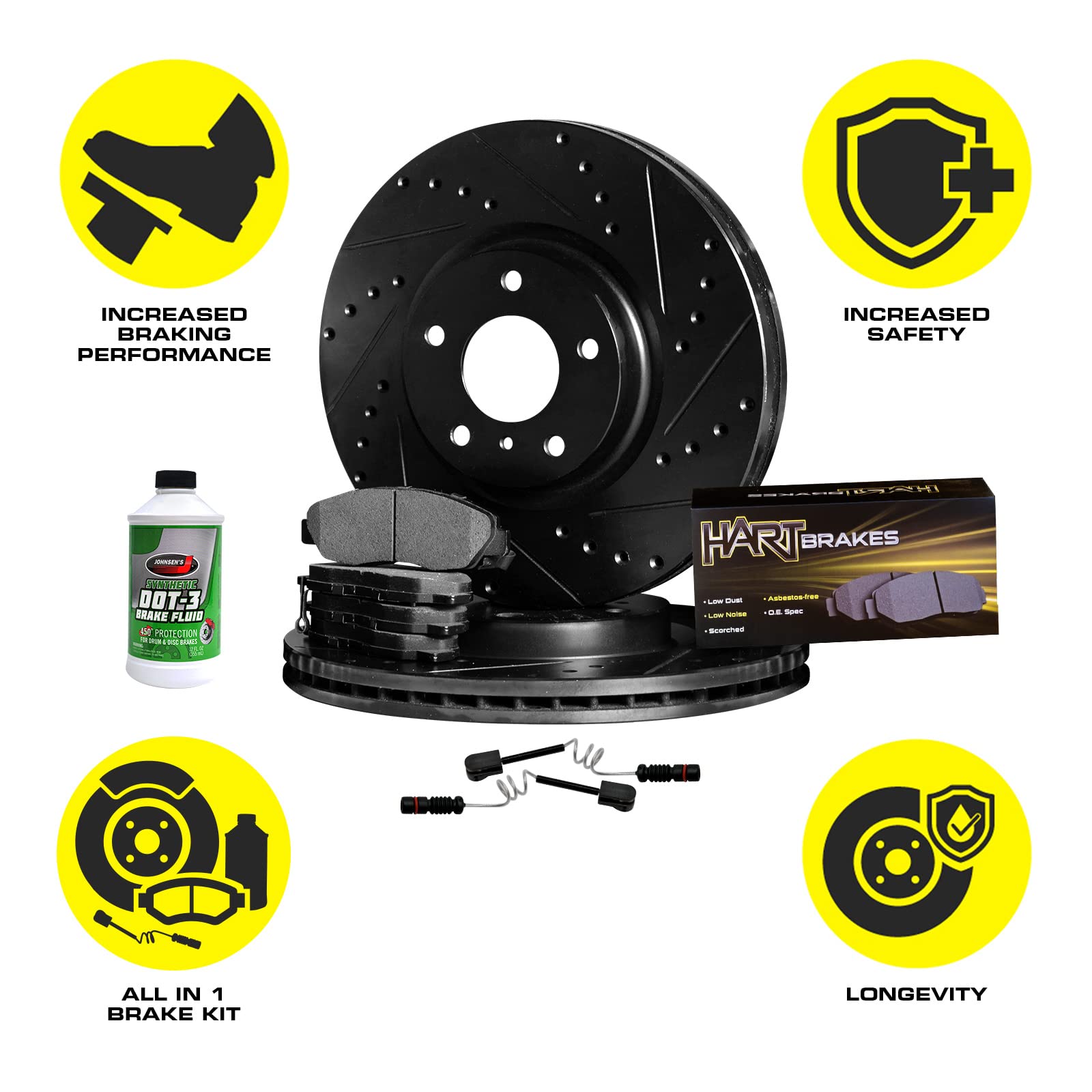 Hart Brakes Front & Rear Brake Pads and Rotors Kit - Semi-Metallic Brake Pads with Sensor Wire | BHCC.32002.63 | Perfect for Sedans, SUVs, and Trucks | Smooth Braking Performance for Daily Commute & Highway Driving