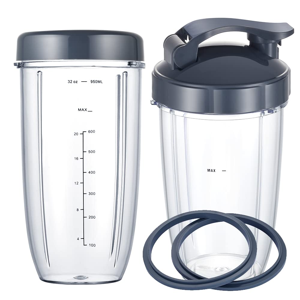 Nutribullet Blender Replacement Cups - 32oz & 24oz Cups with Flip Top Lid, Flat Lid & Rubber Gasket - Compatible with Nutri Bullet 600W/900W Blenders (6 Pack) - Perfect for Smoothies, Protein Shakes & Meal Prep On The Go