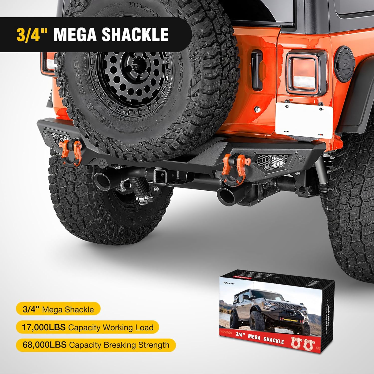 3/4 Inch Mega D Ring Shackle with 7/8 Inch Screw Pin - 68,000 lbs Capacity - Orange (Pair) - Heavy Duty Off-Road Recovery, Towing, Marine & Industrial Use
