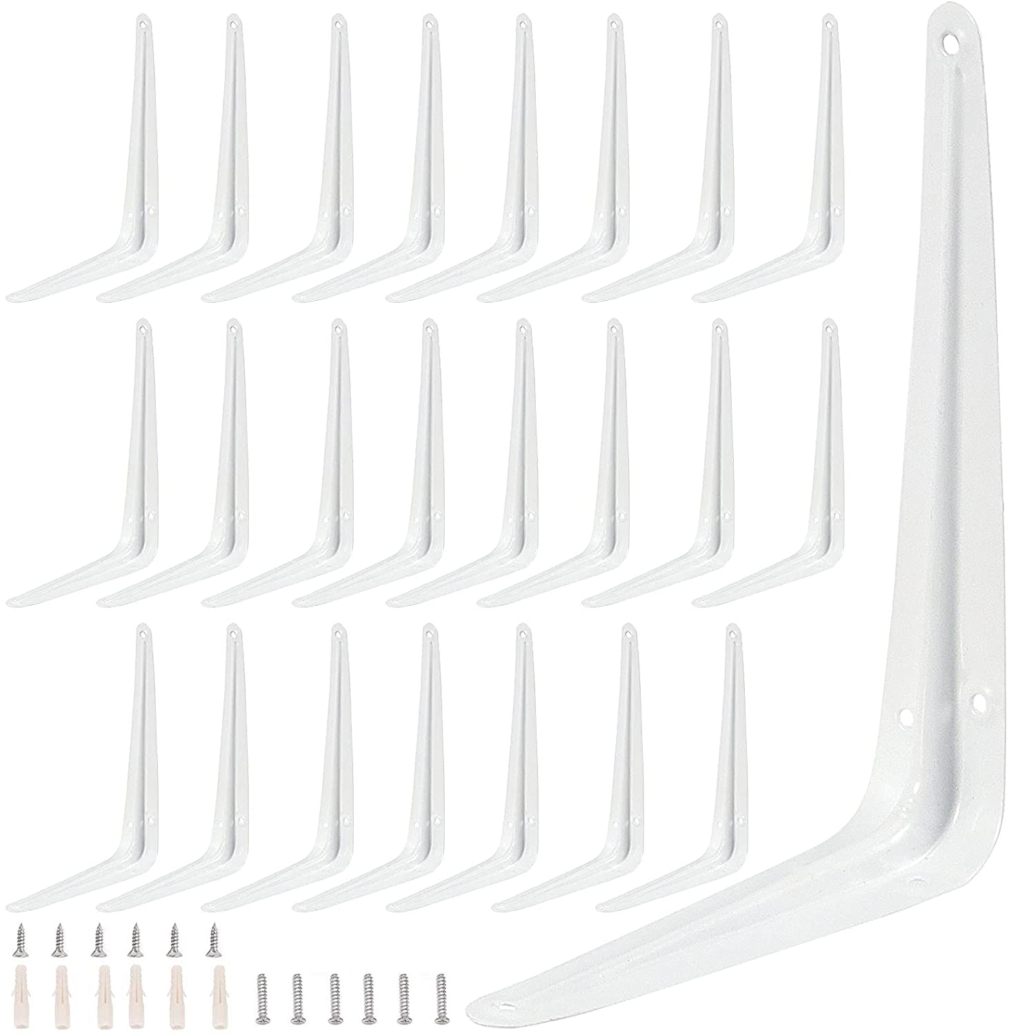 ZOENHOU 24 Pack Heavy Duty Metal L Shelf Brackets 8x10 Inch - White Wall Mounted Corner Brackets with 144 Screws & 72 Expansion Tubes for Floating Shelves, Bookshelves, Kitchen Storage & Home Organization