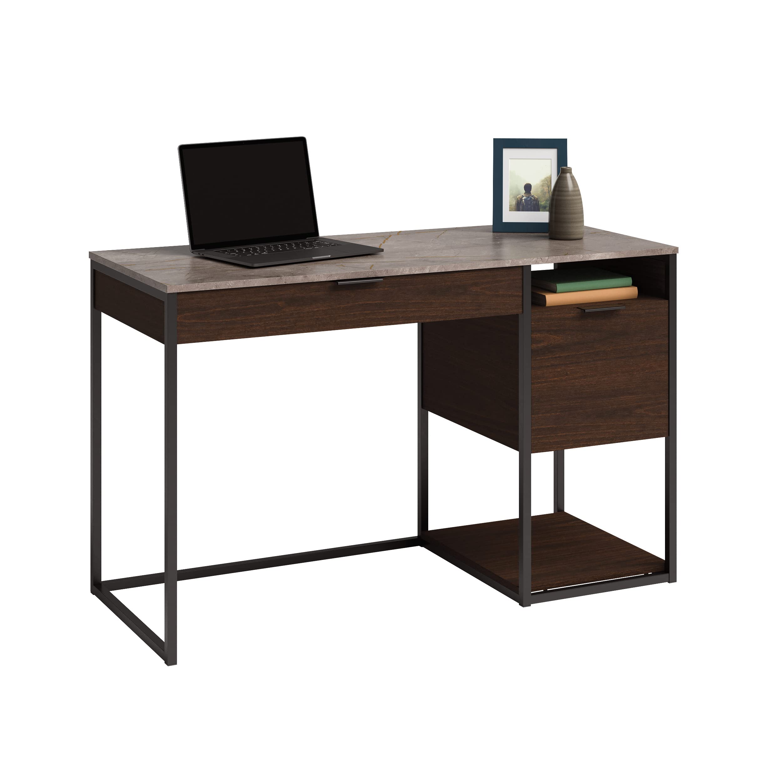 Sauder International Lux Single Pedestal Home Office Desk - Modern Umber Wood Finish for Study, Work from Home & Small Office Spaces