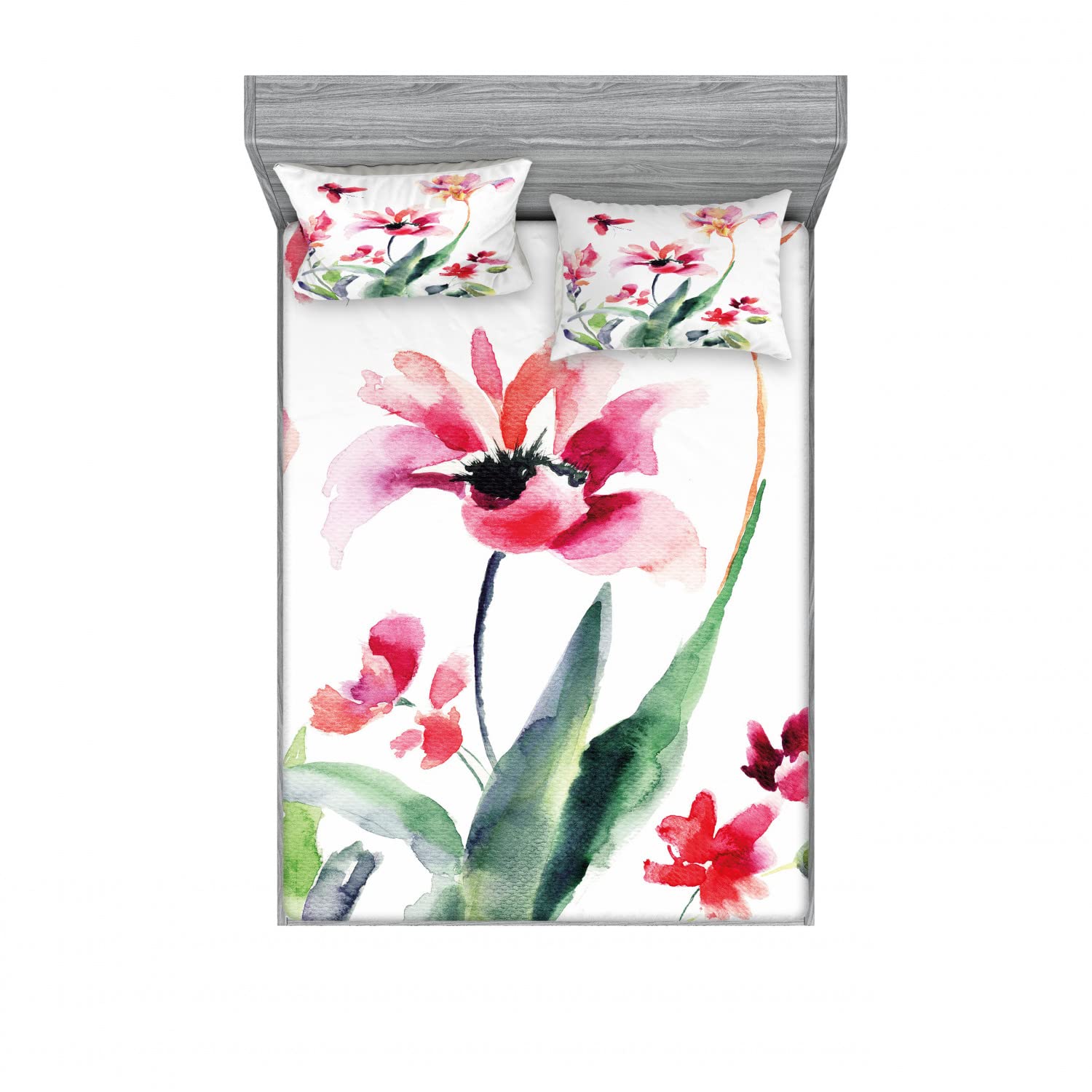 Ambesonne Floral 2-Pack Full Size Fitted Sheet & Pillow Sham Set - Watercolor Pastel Boho Bedding Decor (4-Piece Set: 2 Fitted Sheets + 4 Pillow Covers) - Soft Multicolor Design for Guest Rooms, Dorms & Bohemian Bedroom Decor