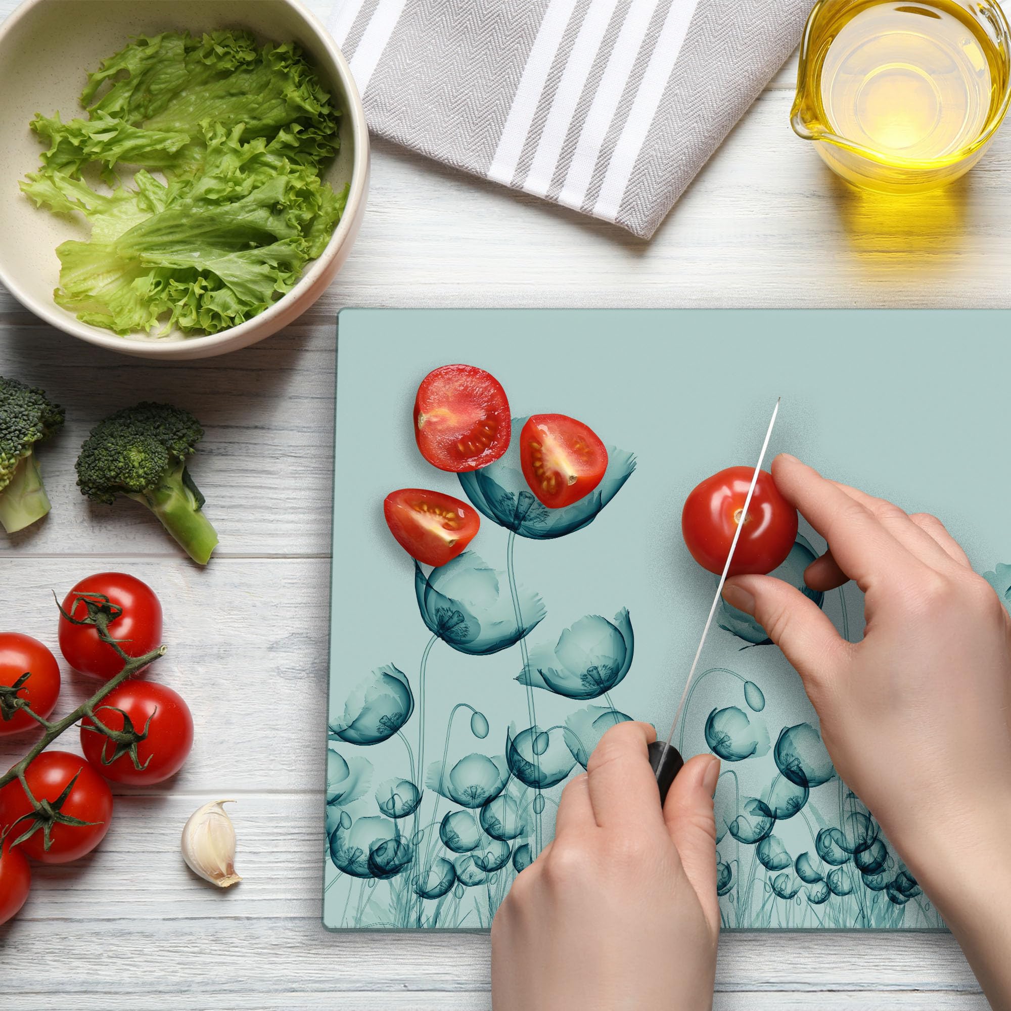 Ambesonne Decorative Tempered Glass Cutting Board - X-ray Art of Poppy Flowers in Wind, Large Teal & White Serving Board for Kitchen, Charcuterie & Party Platters