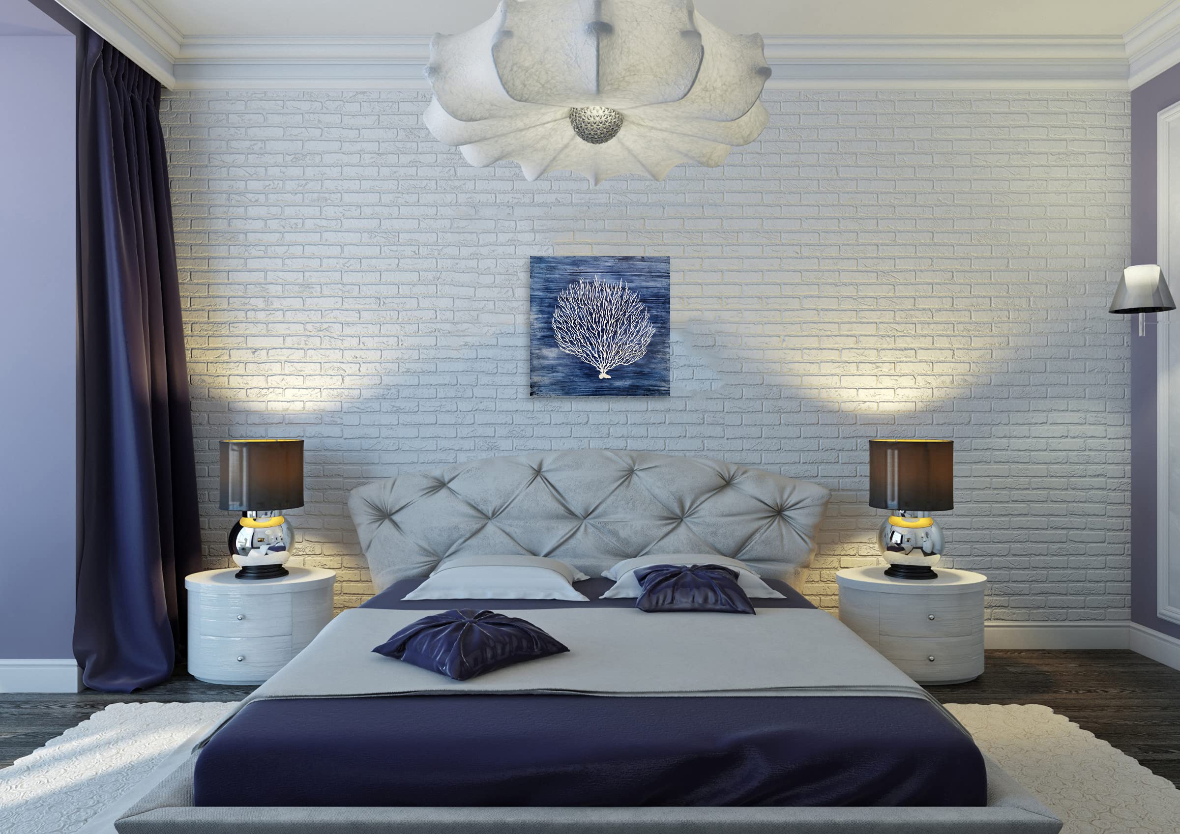 Hand Painted Navy Blue Canvas Wall Art - White Coral Abstract Tree Painting | Coastal Modern Artwork for Bedroom, Living Room & Bathroom Decor | Perfect for Beach House, Office & Spa Interior Design