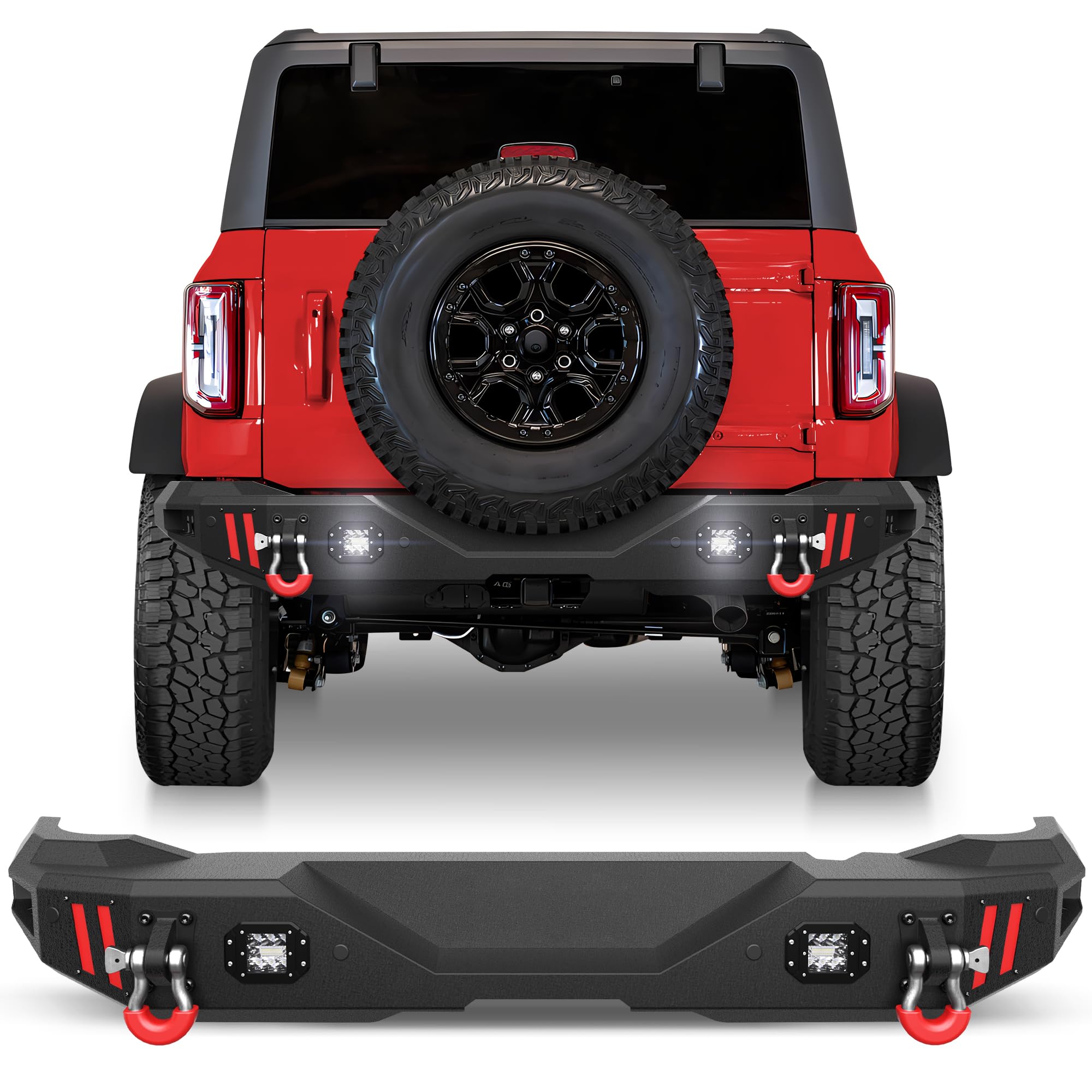 Heavy Duty Textured Black Rear Bumper with Step Plate & D-Rings for 2021-2024 Ford Bronco (Excluding Sport/Raptor) | Off-Road Truck Accessory for Adventure & Towing
