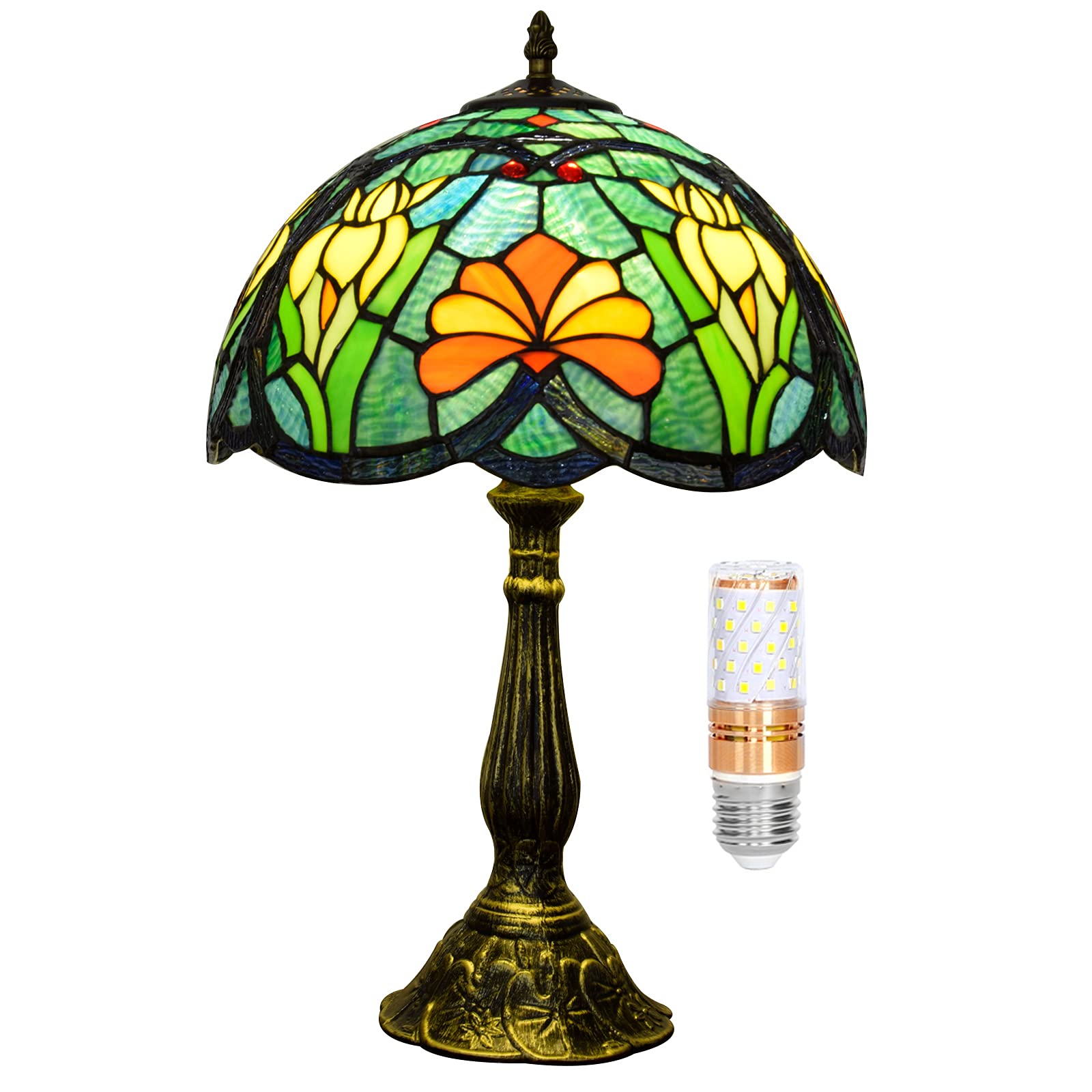 Blivuself Tiffany Style Stained Glass Table Lamp with Floral Orange & Green Design - 12x12x18 Inch Bedside Reading Light for Bedroom, Living Room, Office, Dorm, Dining Room - Includes Bulb - Perfect for Cozy Reading Nooks & Vintage Home Decor