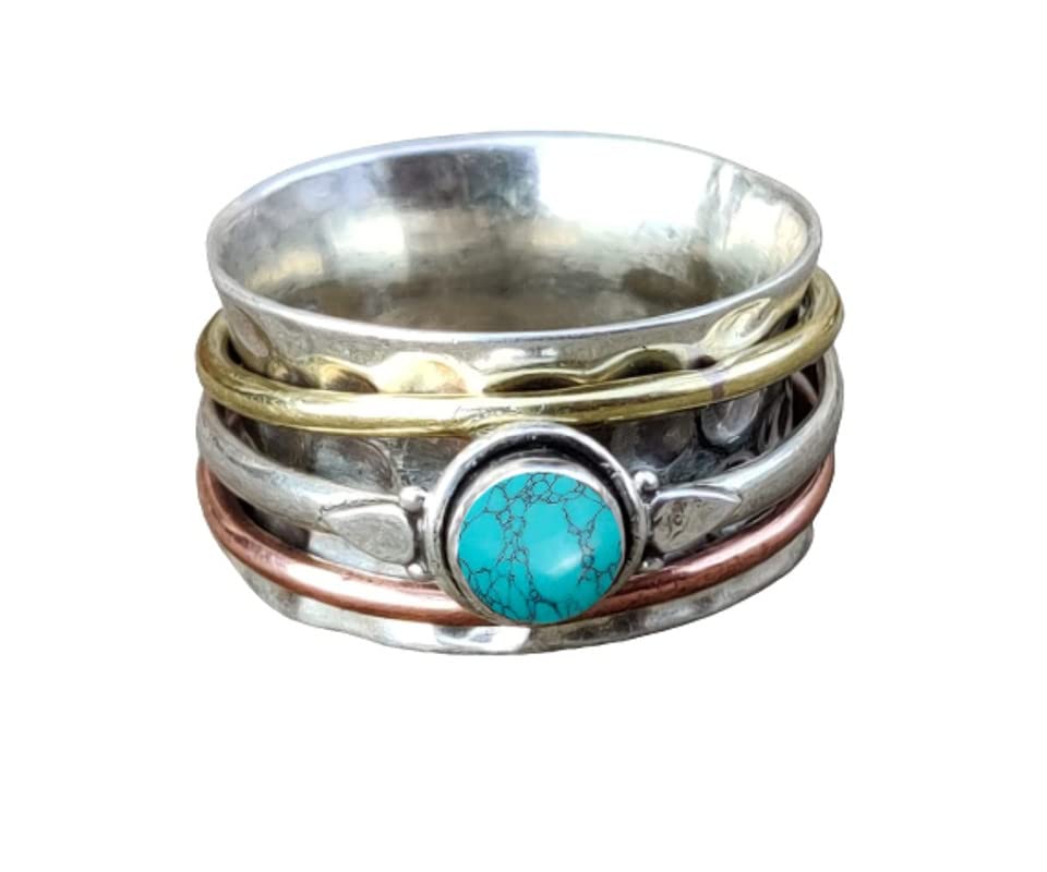 Turquoise Gemstone Spinner Ring for Women - Handmade Silver Meditation & Anxiety Relief Ring - Unique Spinning Statement Band Jewelry for Stress Relief & Mindfulness Practice