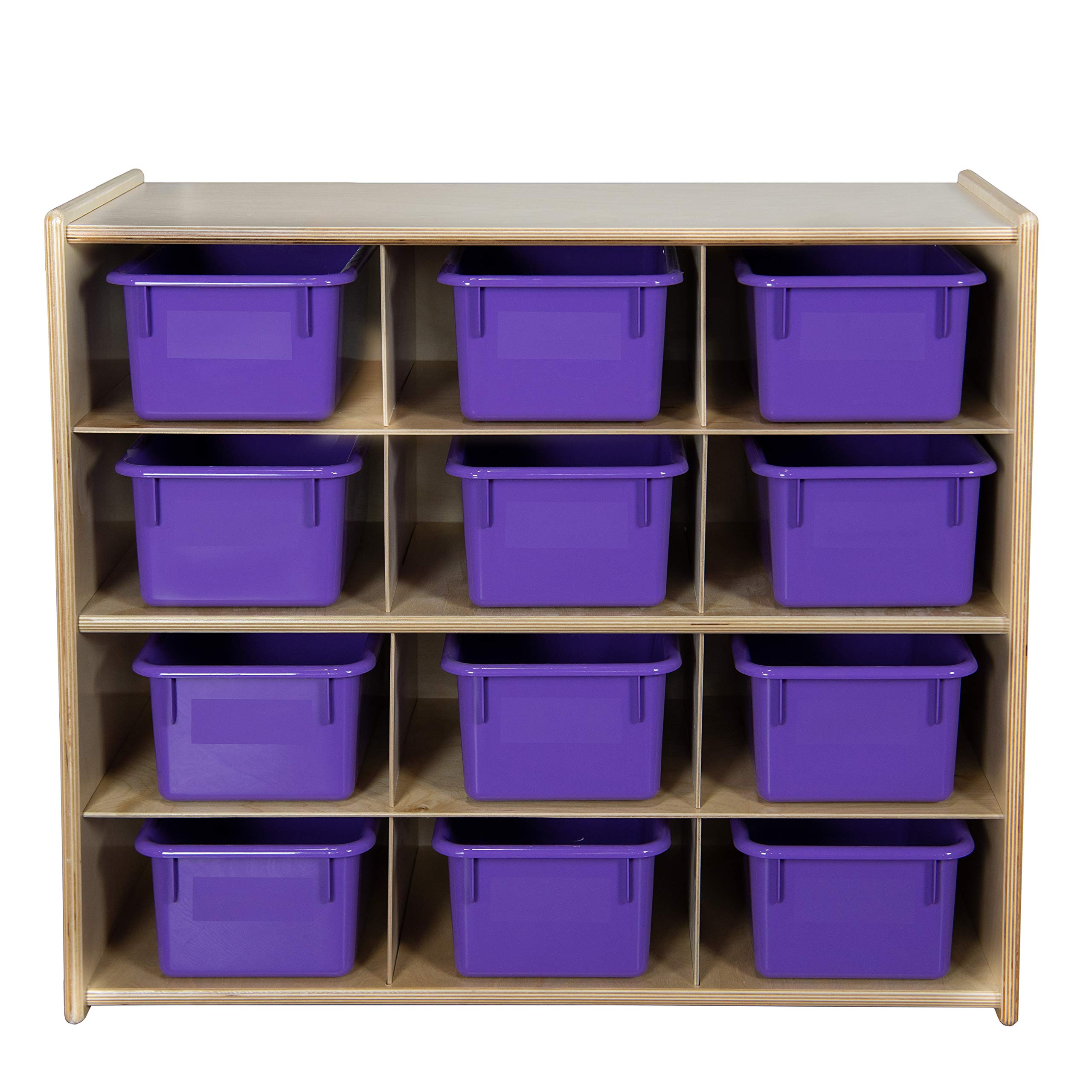 Contender 100% Birch Wood 12-Cubby Storage Cabinet with Purple Plastic Bins - Montessori Kids Organizer for Homeschool, Classroom & Kindergarten - Toy Storage, Book Organizer, Learning Supplies Shelf