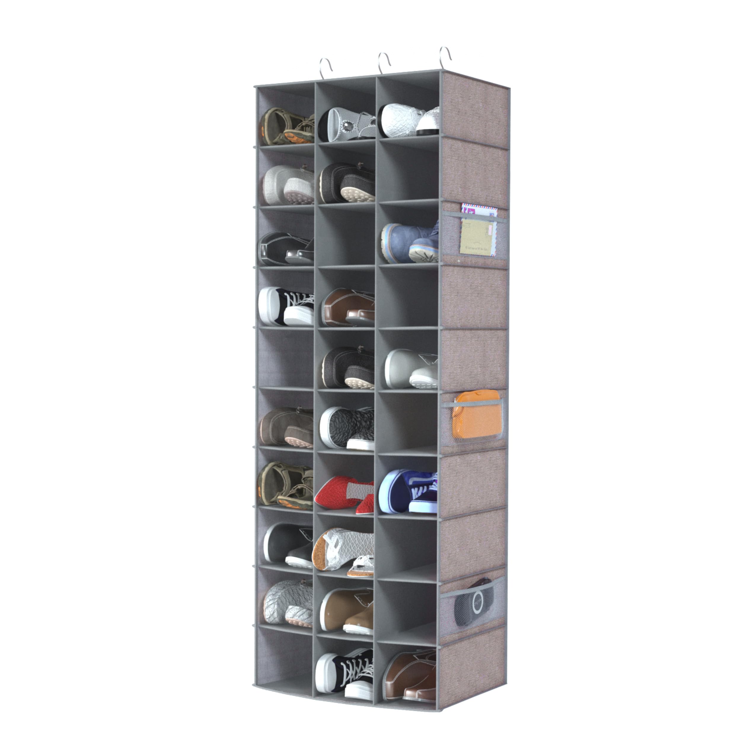 Coastal Rose 30-Section Hanging Shoe Organizer with 6 Mesh Pockets - Space Saving Closet Shoe Rack for Women & Men (Grey) - Perfect for Bedroom, Closet & Dorm Organization