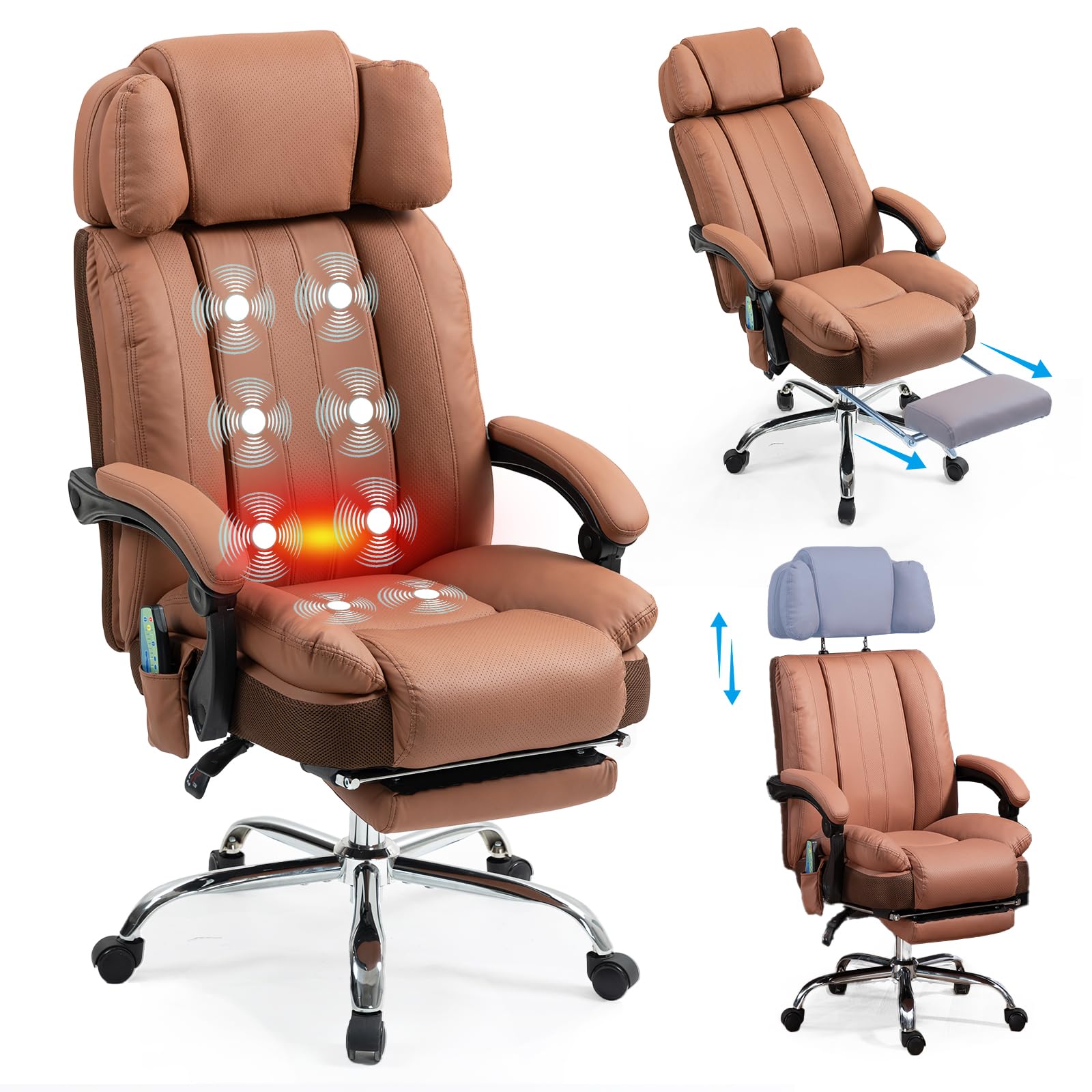 Big and Tall Massage Office Chair with Heat & 8 Vibration Points - Adjustable Headrest, Extra Wide Seat, Footrest & Padded Armrests - Reclining High Back Executive Chair for Home Office, Gaming & Workspace Comfort