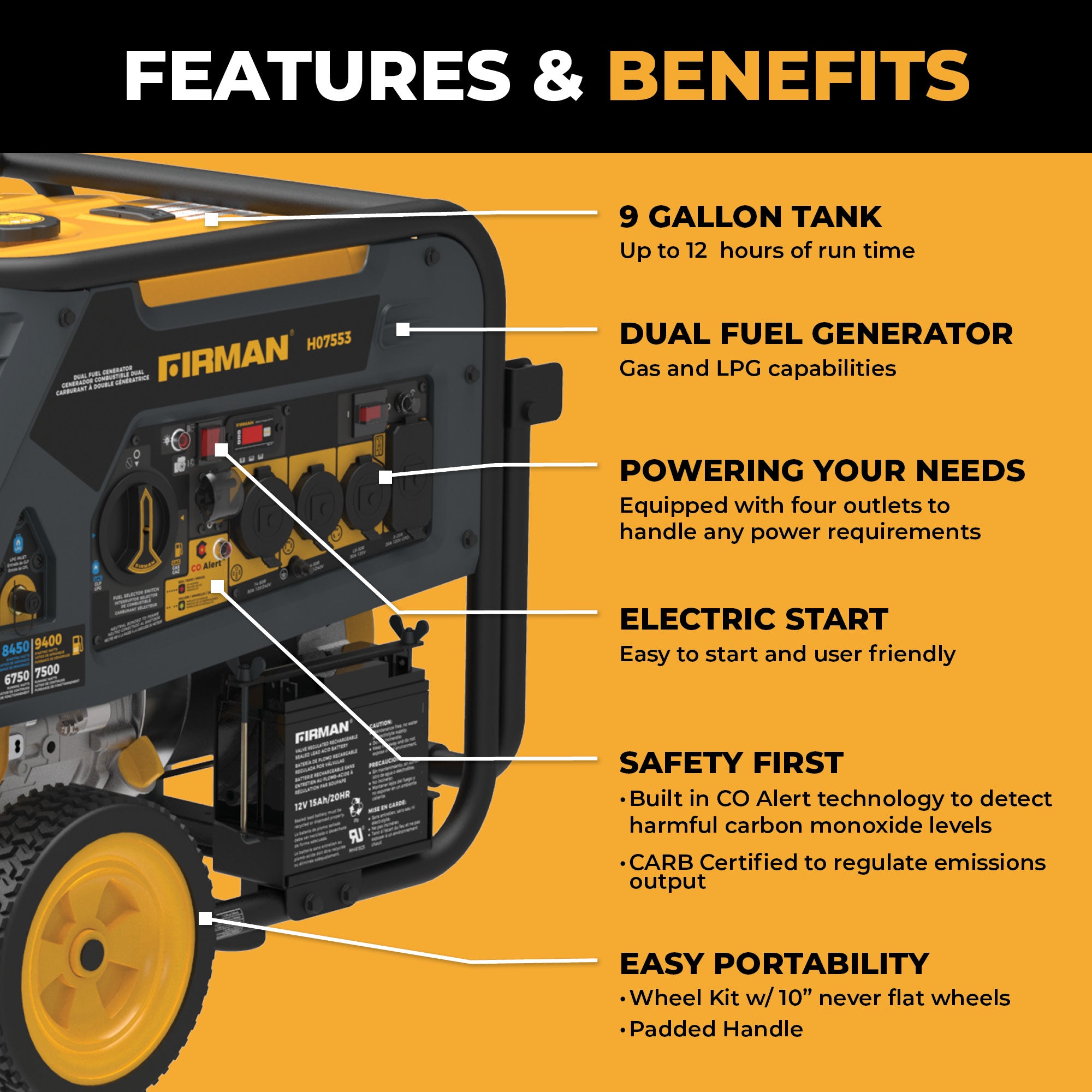 9400W Dual Fuel Portable Generator with Electric Start & CO Alert - 120/240V for Camping, Home Backup & Outdoor Power (Gas/Propane)