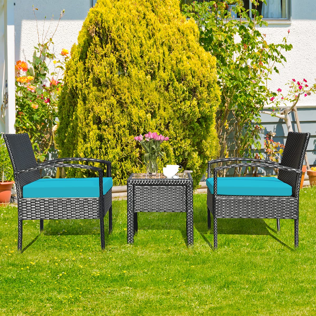 HappyGrill 3-Piece Patio Conversation Set - Outdoor Wicker Rattan Furniture with Cushions, Coffee Table & Chairs - Modern Bistro Set for Garden, Balcony, Backyard, Porch & Poolside Relaxation