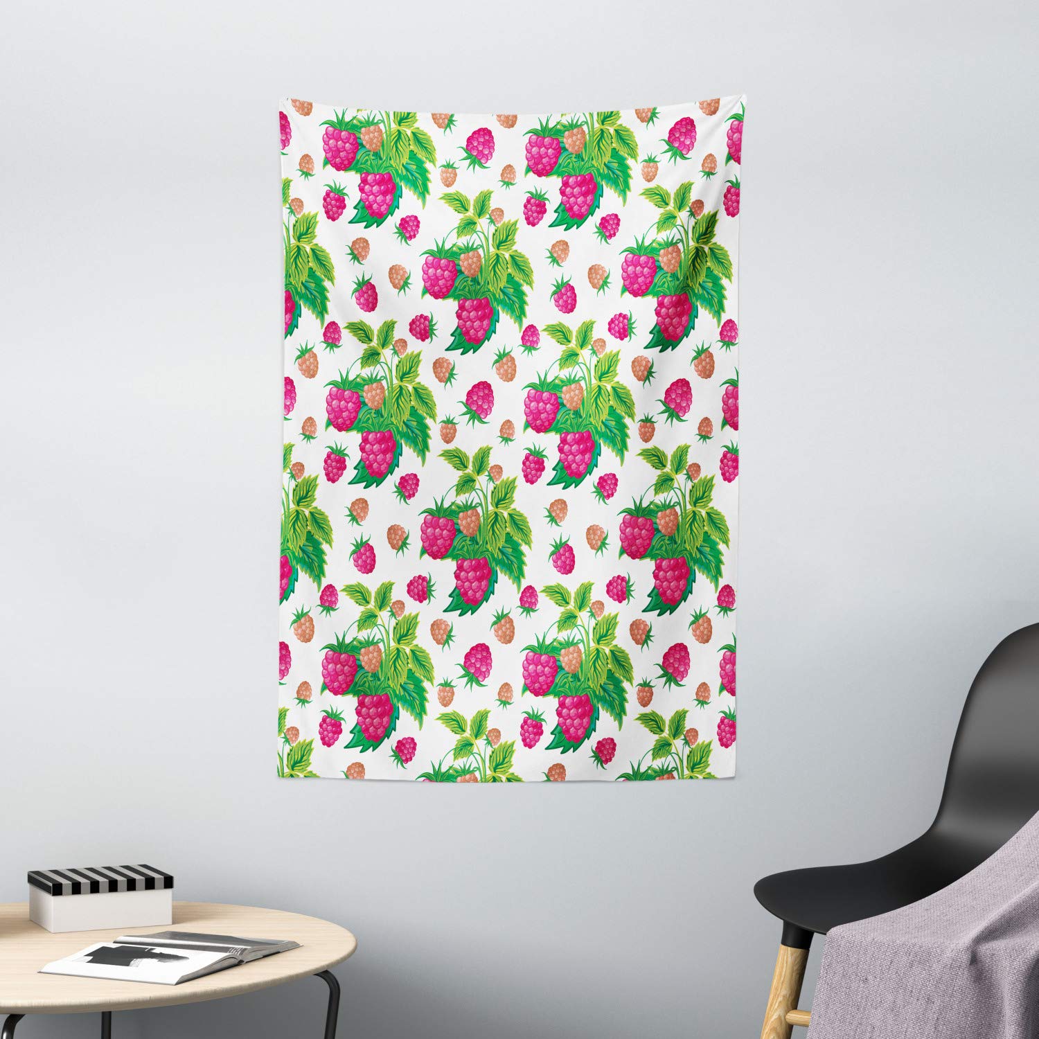 Ambesonne Fruit Tapestry Wall Hanging - Spring Botanical Art with Raspberries & Green Leaves - 40x60 Inch Home Decor for Bedroom, Living Room, Dorm - Green Magenta - Perfect for Bohemian Style Rooms & Nature-Inspired Interior Design
