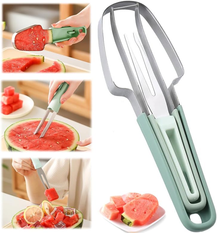 3-in-1 Stainless Steel Watermelon Slicer & Cutter - Multifunctional Fruit Knife for Watermelon, Popsicles & Melons | Portable Kitchen Tool for Picnics, BBQs & Summer Parties (Green)