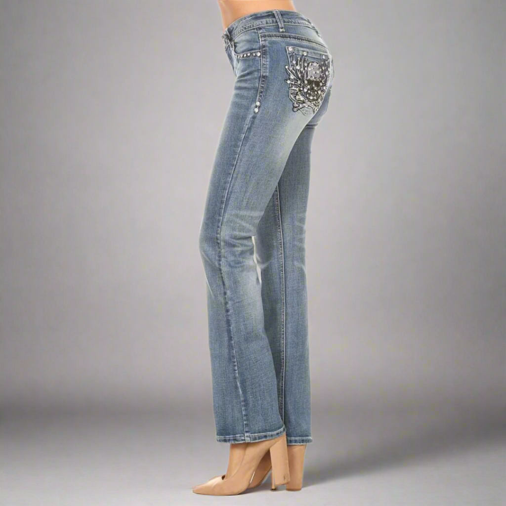 Platinum Plush Women's Rhinestone Skull & Bones Bootcut Jeans - Gothic Fashion Denim Pants for Parties, Concerts & Night Out