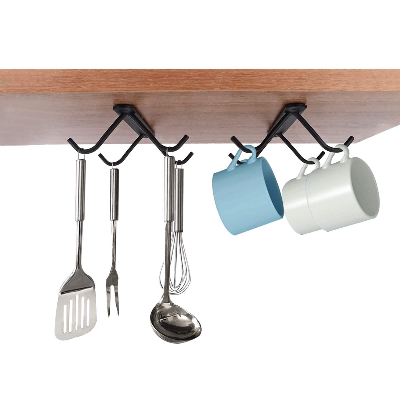 Dedoot 4-Hook Under Cabinet Mug Holder Set of 2 - Black Metal Coffee Cup Rack for Mugs, Cups & Kitchen Utensils - Perfect for Small Kitchen Organization & Space Saving Storage